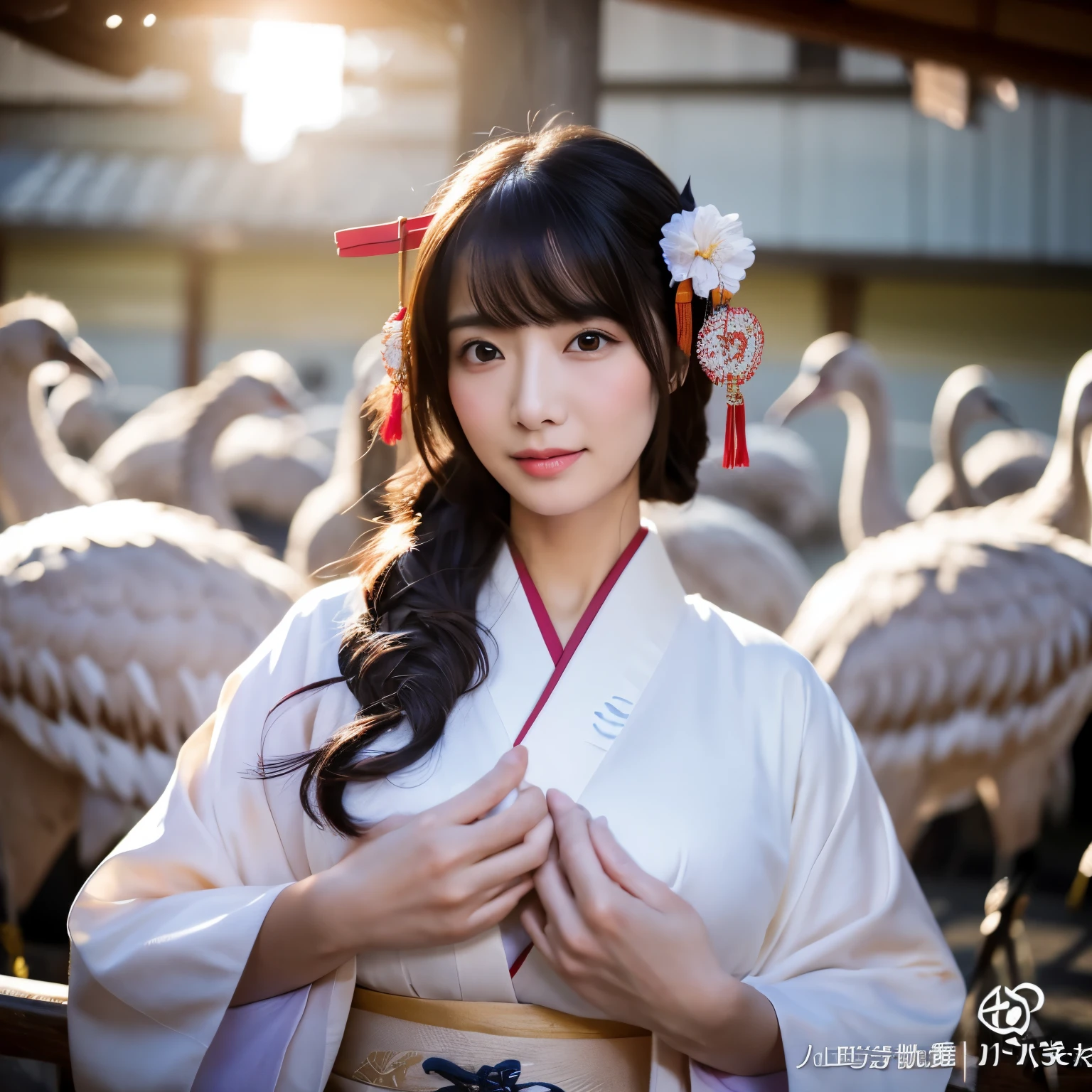 (8k、RAW photo、highest quality、masterpiece:1.2)、(realistic、Photoreal:1.35)、super detailed、超A high resolution、cinematic lighting、(((Beautiful woman in white kimono)))、(((36 year old girl in Japan)))、(lots of cranes:1.5)、A worried expression、black hair、Fun and energetic atmosphere、dynamic angle、dynamic lighting、big chest、big breasts、