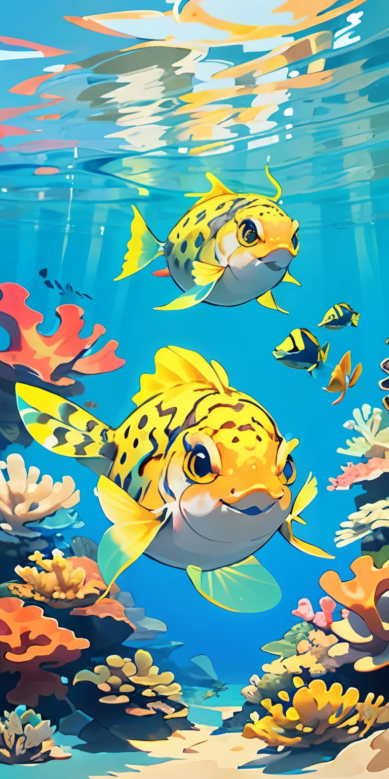 (masterpiece, best quality), 1 puffer fish, seabed, sunlight, bright color