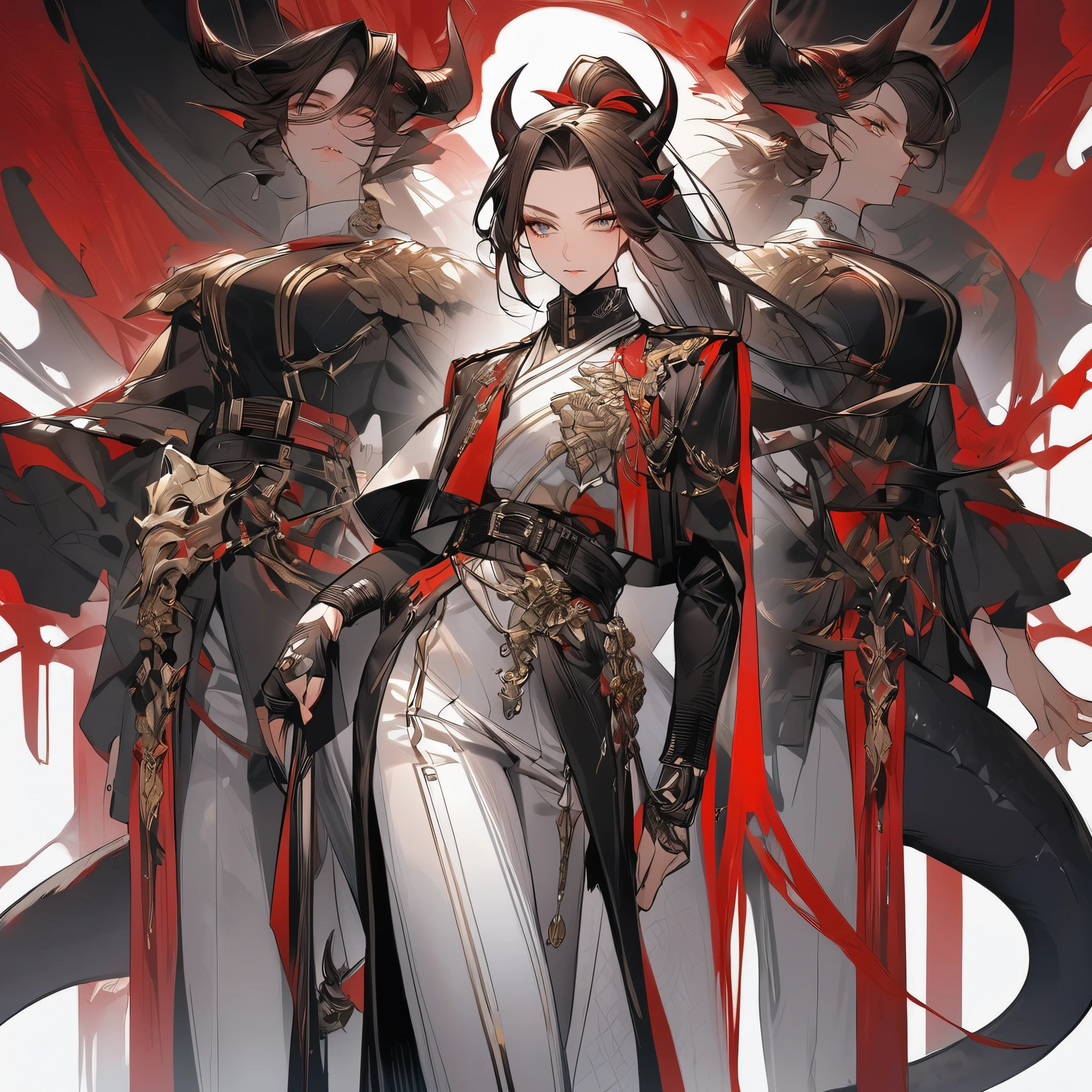 Tall woman, strict calm expression, brunette, hair gathered in a high ponytail, strands on the sides, red and black fit military's clothes, blue and golden eyes, many red details, dragon tail and horns, belts, pants, light lipstick