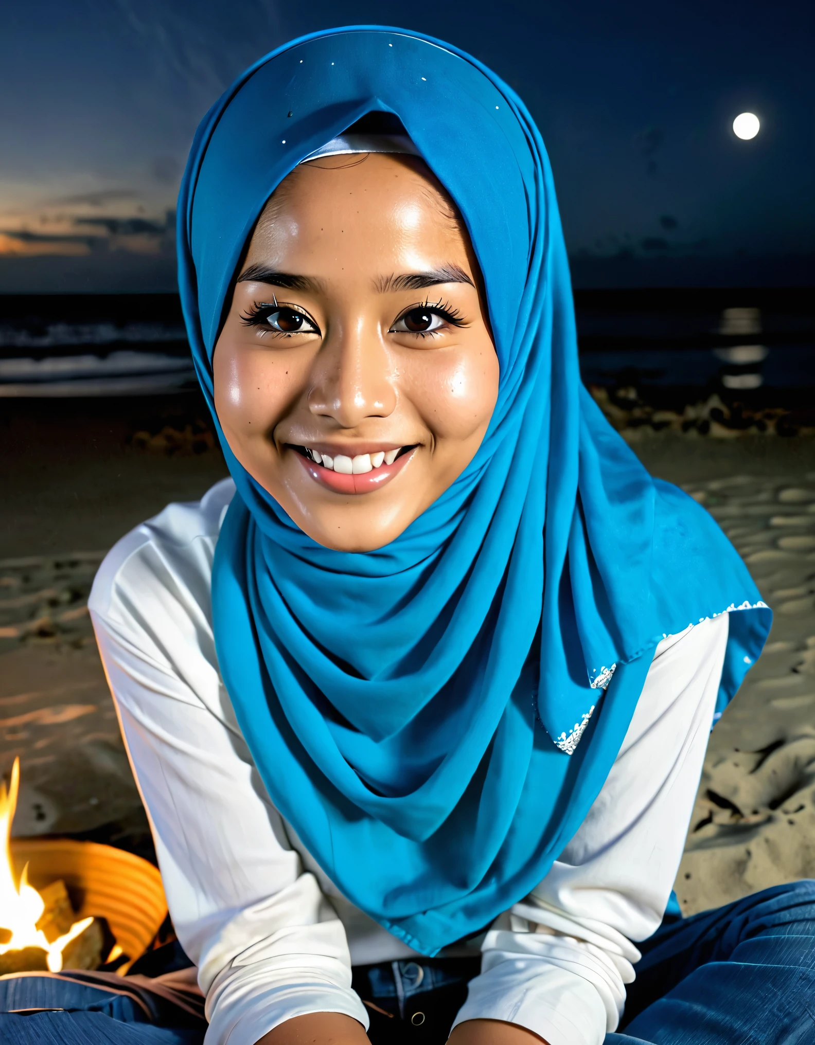 wide angle, top view, Indonesian girl, bright face, dimpled cheeks, sweet smile, wearing a blue hijab, casual wear, sitting gracefully, dynamic pose, beachside, campfire, crescent moon, night, bright light, no shadows.