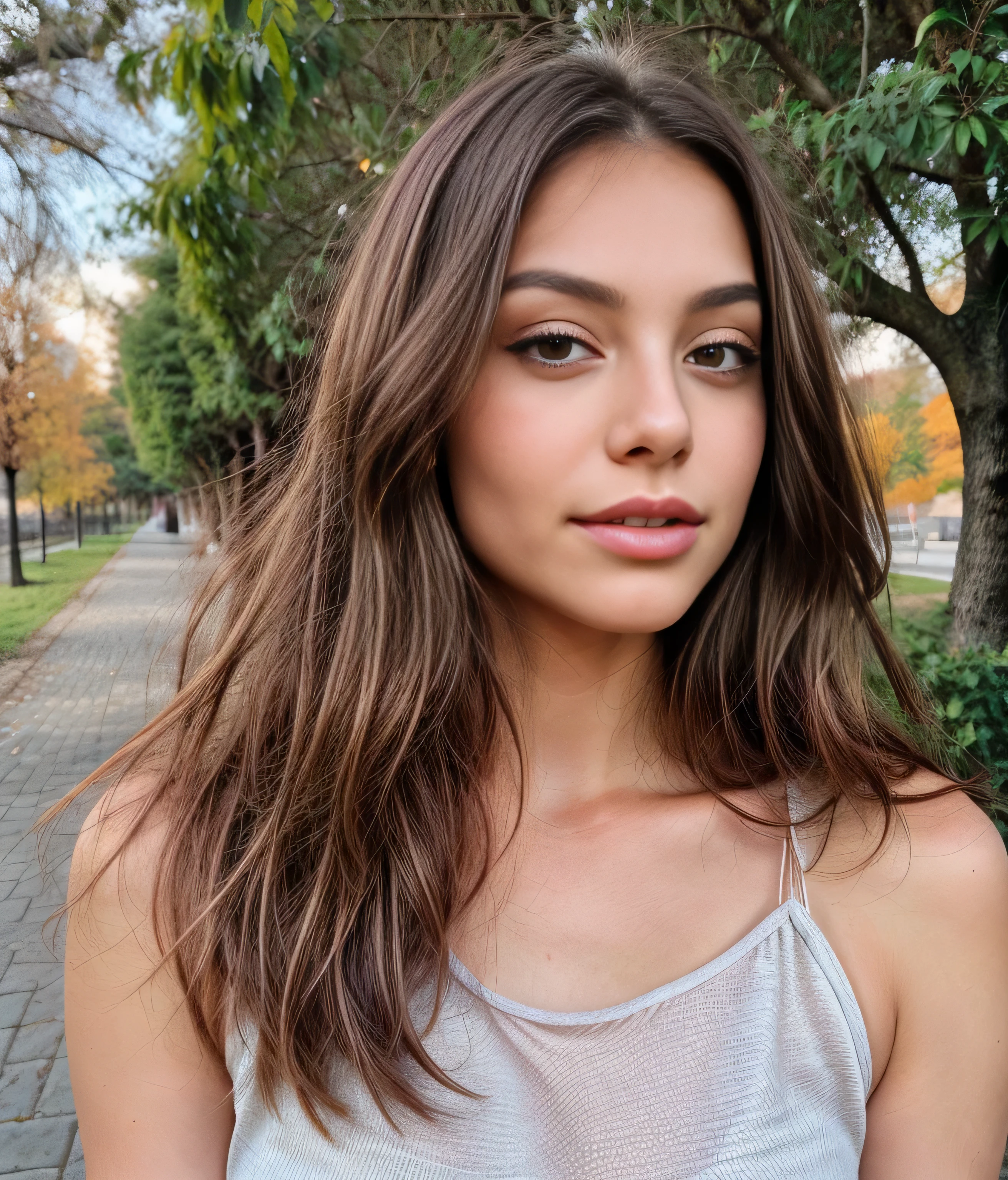 Una hermosa joven blanca, cabello oscuro y liso, light brown eyes, sus labios deben ser carnosos y atractivos con un tinte rosado natural, foto de instagram (piel texturizada, poros de la piel:1.1), (moles:0.8), piel imperfecta, cara perfecta. Toma de cuerpo completo. foto exterior. Parque