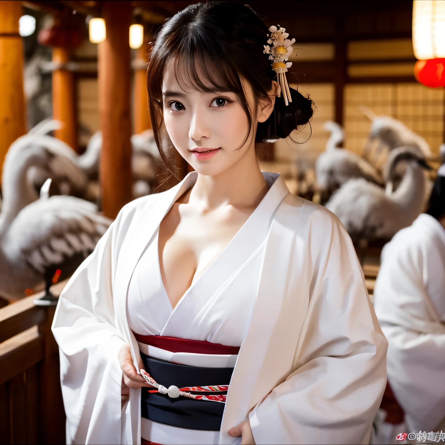 (8k、RAW photo、highest quality、masterpiece:1.2)、(realistic、Photoreal:1.35)、super detailed、超A high resolution、cinematic lighting、(((Beautiful woman in white kimono)))、(((36 year old girl in Japan)))、(lots of cranes:1.5)、A worried expression、black hair、Fun and energetic atmosphere、dynamic angle、dynamic lighting、big chest、big breasts、