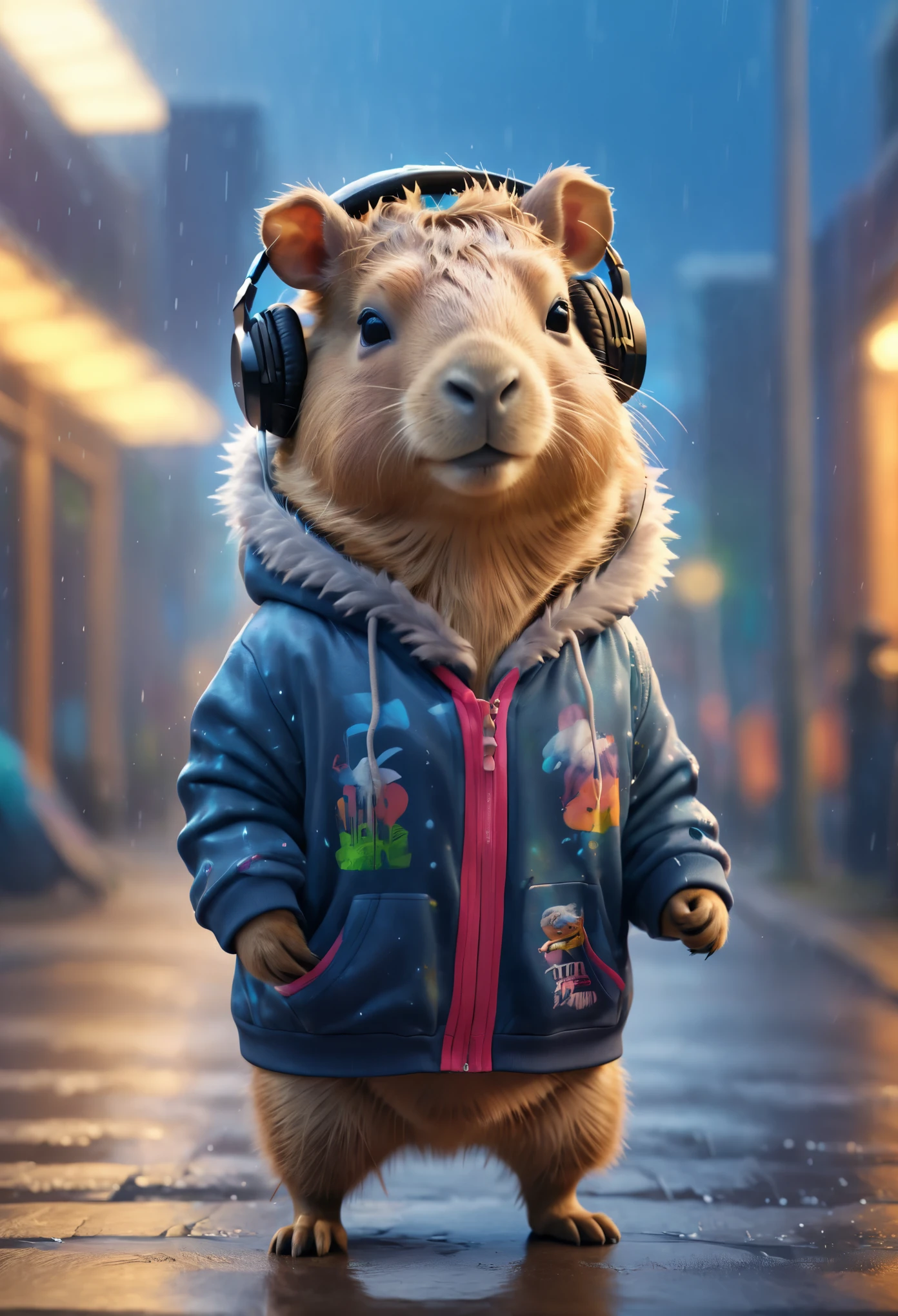 Cute  capybara  with fluffy fur wearing urban outfit, one hoodie and headphones, The background is modern and inorganic, Adorable Digital Painting, 3d rendered, Bright lighting, Vibrant colors,  outside and raining