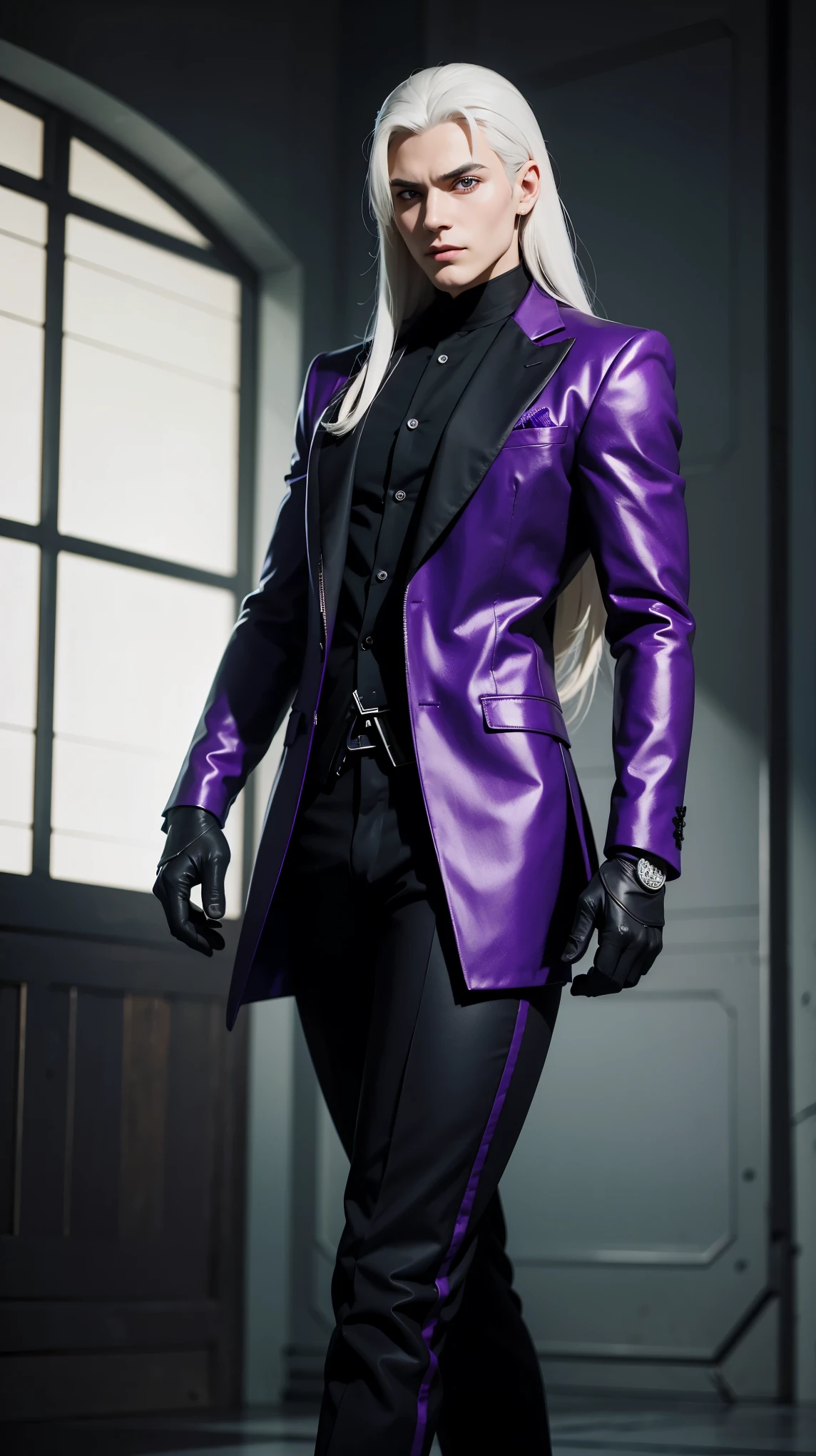 An evil scientist, with long silver hair and piercing purple eyes. He wears a black suit with metallic accents




