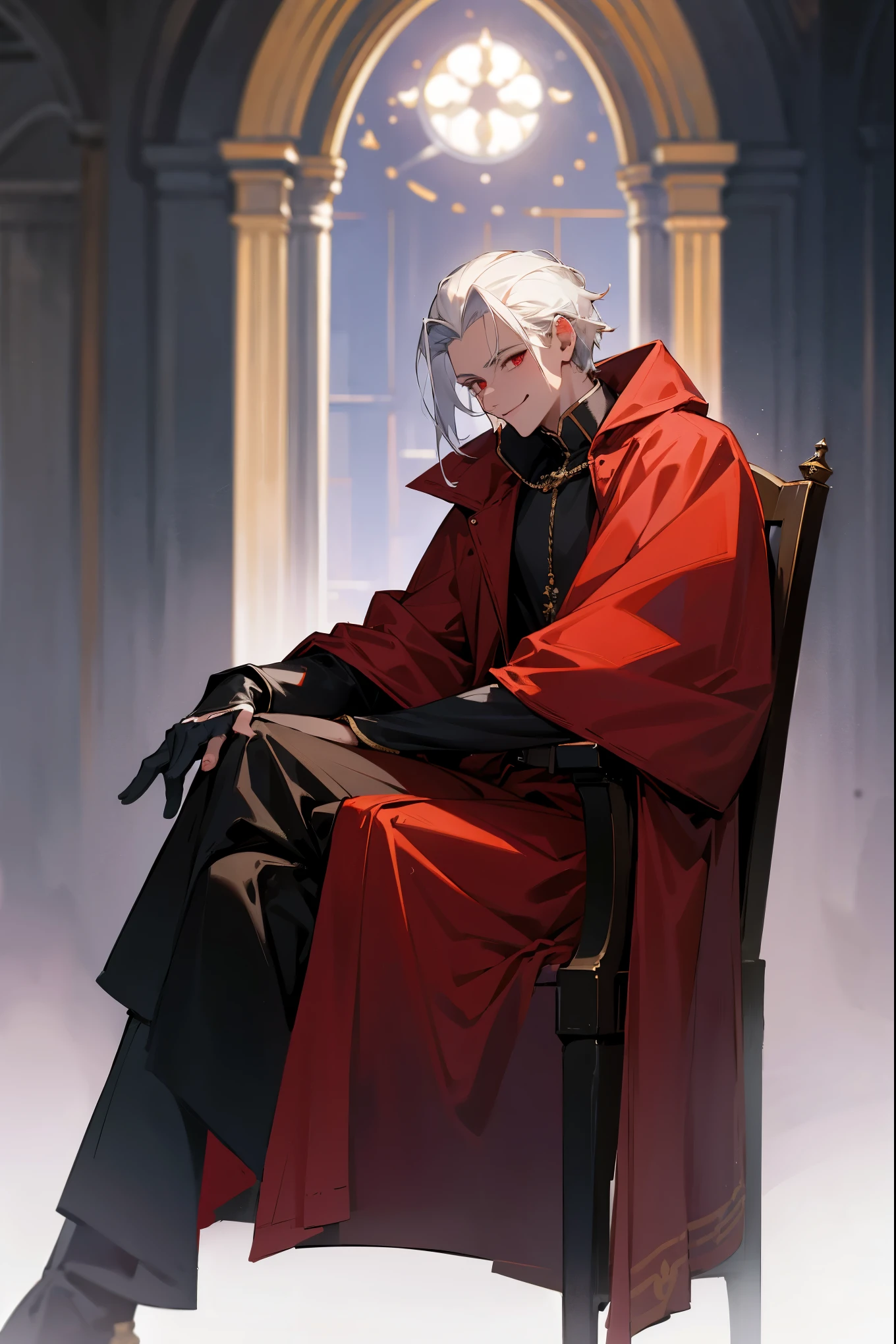 1male, white hair, slicked hair, red eyes, medieval clothing, black underclothing, big red overcoat, fully clothed, maniacal smile, sitting in chair, guild hall background, detailed background, legs crossed,