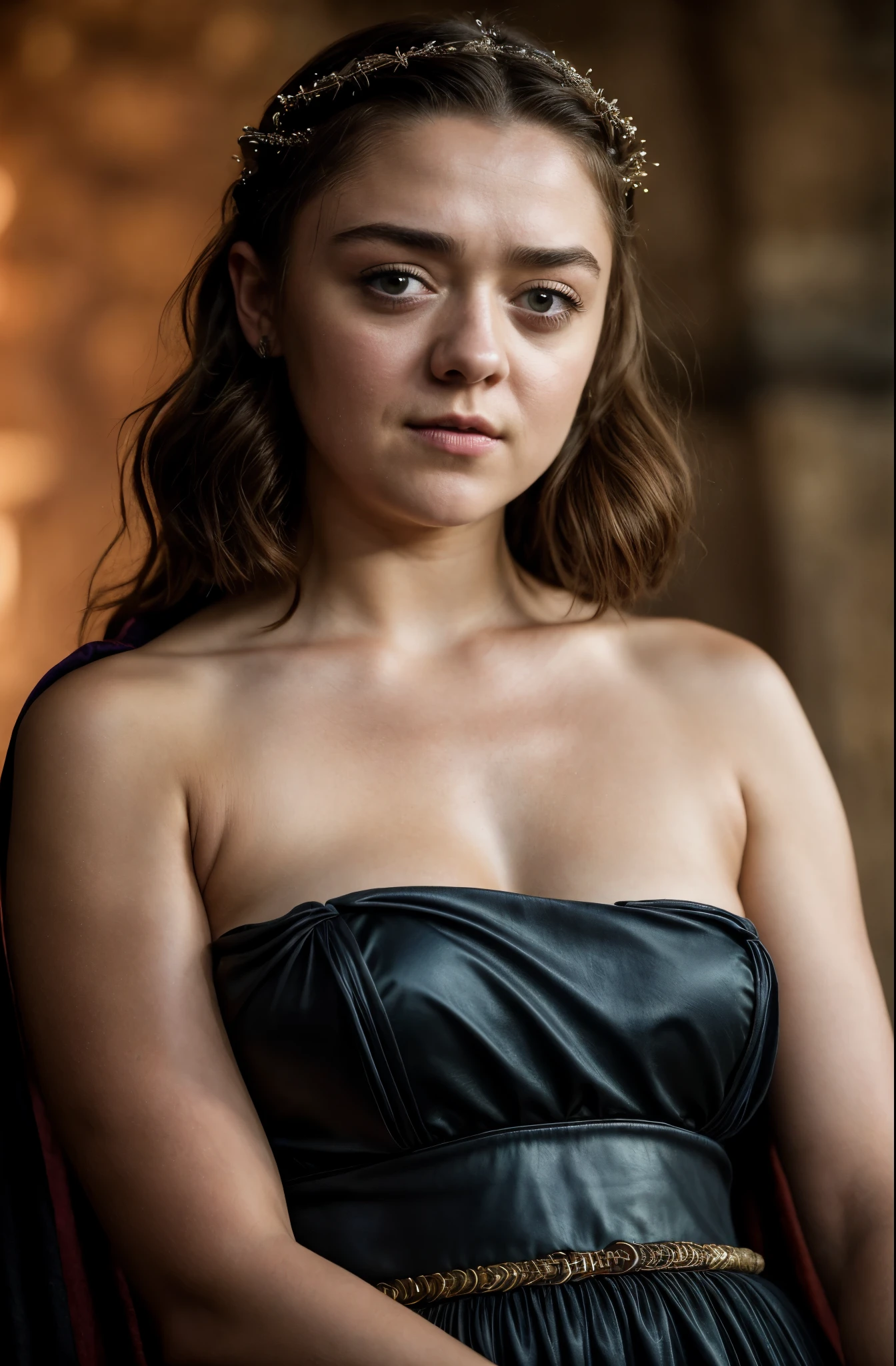 Foto RAW, Arya Stark, Extremely gorgeous lady, Arya Stark PLAYED BY MAISIE WILLIAMS, Queen Arya Stark, she  a mature woman now, milf, sexy mediaeval battle dress, gladiator woman, body, 40 years old Woman, Roman slave dress, cotton dress, busty mediaeval costumes, body revealing costumes, perky breast, big natural breast, erotic costumes, lusty physique, seductive figure can capture every people's attention, Game of thrones costumes, revealing captivating figure, Mediaeval costumes, revealing clothes, A tomboy, she would rather fence than dance, warrior queen , game of thrones screen caps, Game of Thrones Series, (pele altamente detalhada: 1.2), 8k UHD, DSLR, soft-lighting, alta qualidade, grain of film, Fujifilm XT3, flawless picture, highly detailed, detailed Beauty, intricate, 32k, sharp picture, closed mouth, 