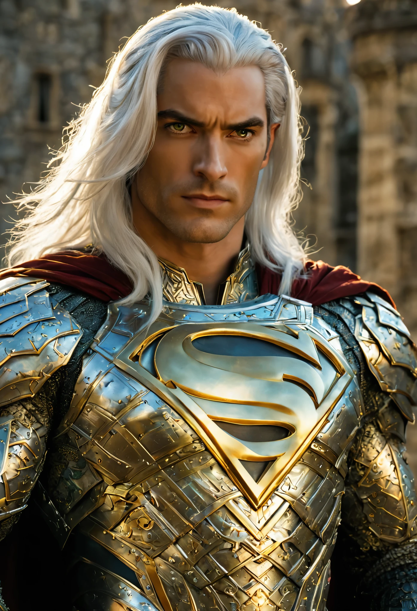 Superman with green pupils, long bluish white hair, confident expression, wearing beautiful silver armor with golden patterns all over the armor, exuding a dark yellow glow, In the background, a medieval castle