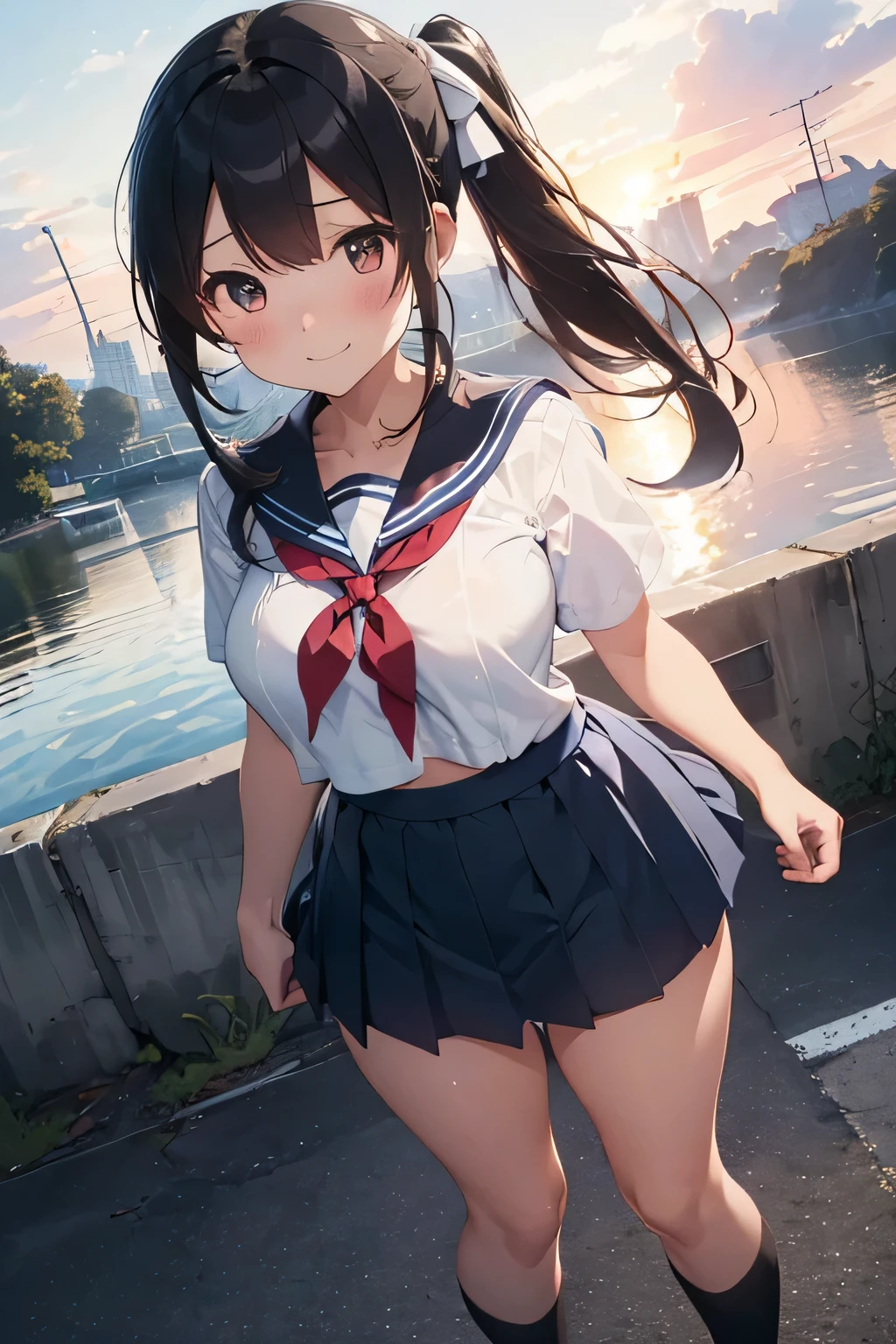 ((highest quality, 4k, masterpiece: 1.3)), (1 person: 1.4), 1 girl, ((Holding down my skirt that was flipped up by the wind)),((The wind blew my skirt up and exposed my crotch...)), ((When the hem of my sailor suit catches the wind, curl up a little..)), ((underbustvisible)),((Low - Angle)),((View from quite below)),((Angle from the front)),japanese woman, Beautiful big breasts Ideal beautiful big breasts, beautiful upturned chest, Beautifully raised mons pubis,Normal pubic hair, ((stand with respect)), ((downward)), ((Stand with your feet shoulder-width apart)), 15 years old, ((thin)), photo engraving, sunset,Backlight, high contrast,Aperture F1.2, Focal length 35mm, (whole body: 1.2), ((exquisite blush)), ((best smile)), ((I&#39;I&#39;m embarrassed but with a big smile)), ((Front view)),((Moist eyes)),You can see all her very thin and beautiful legs, Sailor suit with less wrinkles, ((Backlightで透けるセーラー服)), sailor suit without buttons, ((Sailor uniform with a relaxed silhouette)), ((Knee-length blue skirt)), ((black socks)), ((No bra)), ((No panties)), ((blue sailor collar)), ((white breastplate)), Red Sailor Scarf, ((white sailor scarf without ribbon)), ((Don&#39;Please put the sailor suit inside the skirt)),((riverbank)), ((riverbank)), ((river)), ((long black hair)), ((white ponytail ribbon)), ((Long straight ponytail)), red eyes, I can see a little of your belly button 