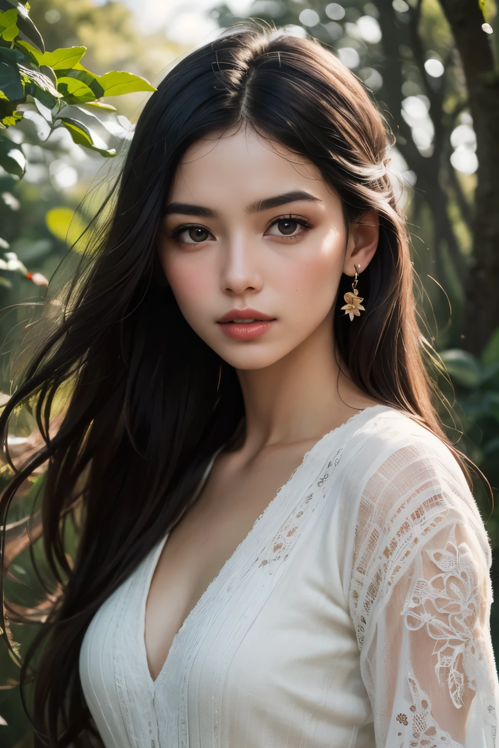 (best quality,4k,highres,ultra-detailed,realistic:1.2),beautiful girl with long flowing hair,enticing gaze,soft lips,expressive eyes,alluring attire,playful interaction with a ,a lush and vibrant garden backdrop,subtle sunlight filtering through the trees,gentle caress of the wind,romantic atmosphere,emotional connection between the characters,portraits,thematic color palette in warm and sensual tones,subtle bokeh effect