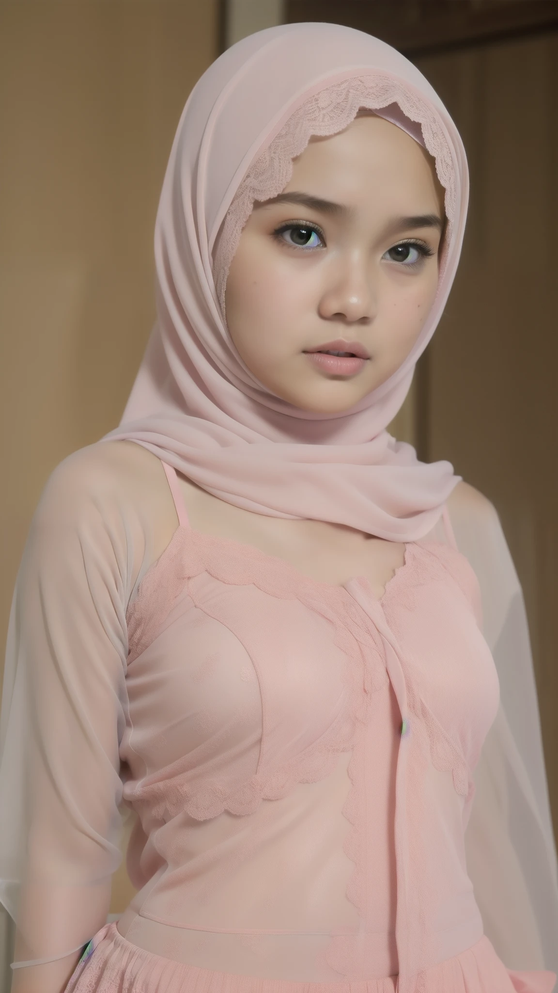 Naked, Angry pose, Angry face, (((HIJAB MALAY GIRL))), masutepiece, High quality, UHD 45K, Realistic face, Realistic skin feeling , A Japanese Lady, 8 , , Very cute and baby-like face, (((FLAT CHEST))), (MATRIX WORLD), ((look In front  at the camera and SADNESS)), ((())), (((CUTE GIRL))), ((TRANSPARENT)), ((FLUORESCENT BROWN PASTEL LIPS)), ((FLUORESCENT PASTEL LACE)), ((TRANSPARENT)), ((CHUBBY)), ((UNDRESS)).