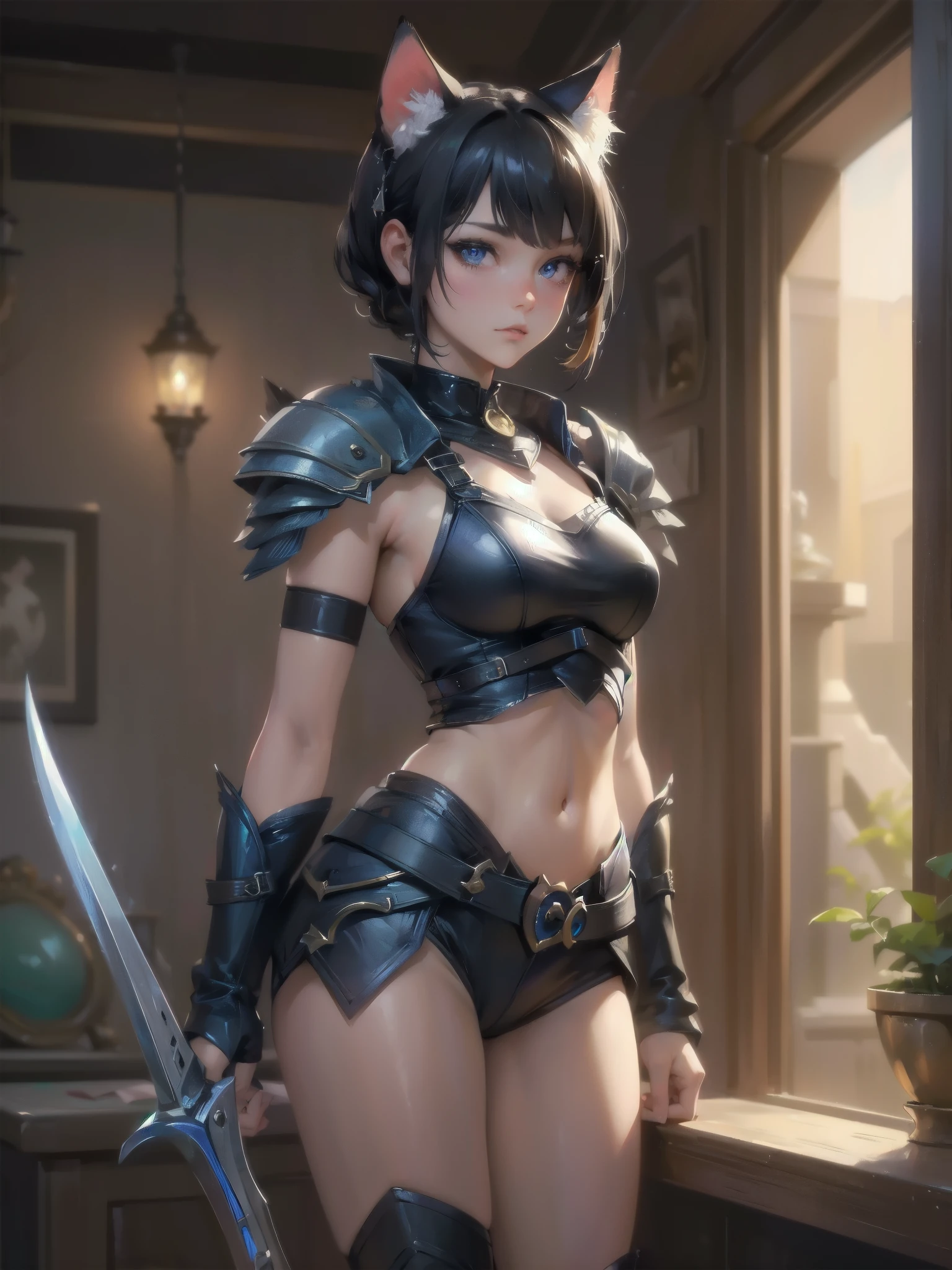 a bit, Warrior Girl, Black high leg swimsuit, sword,armor、