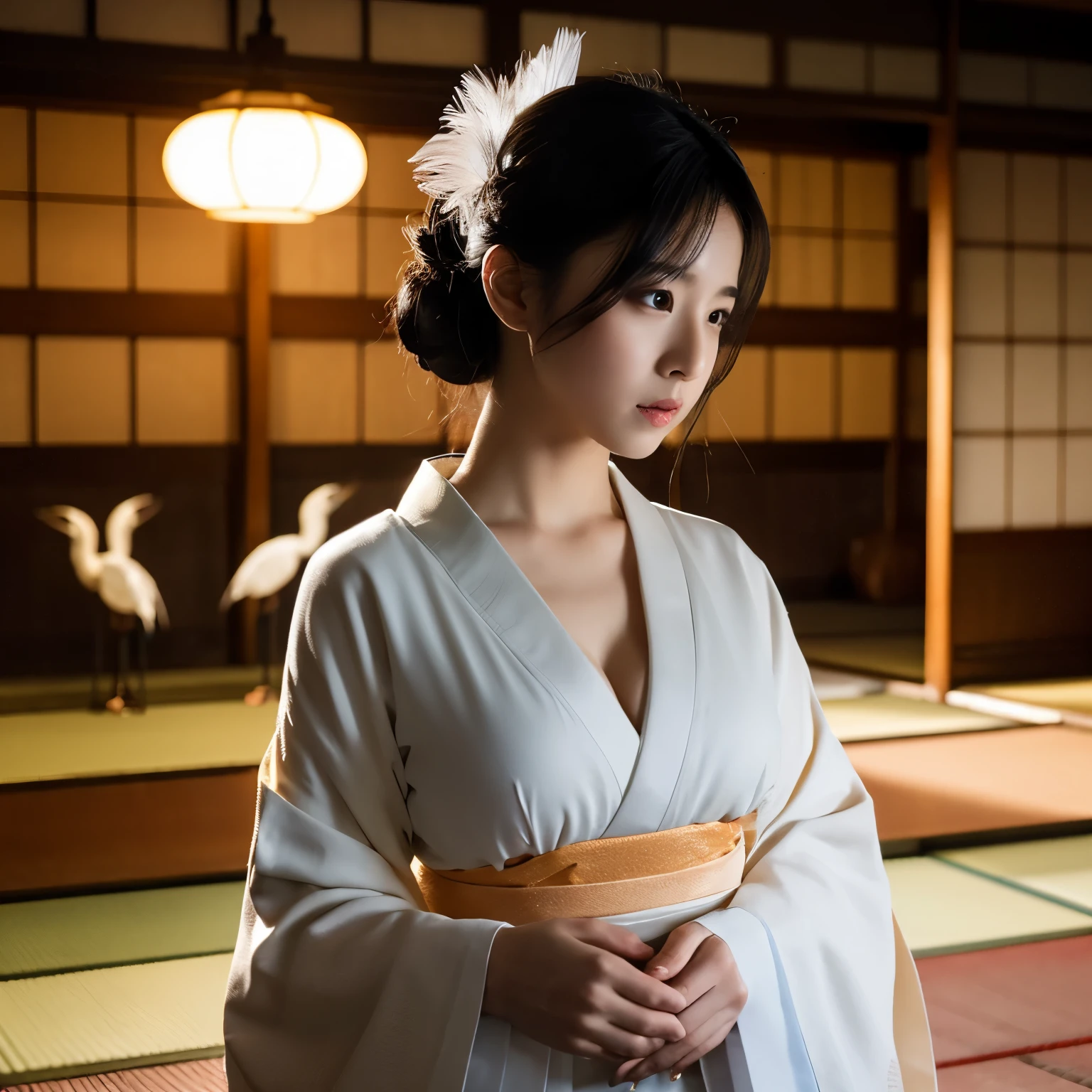 (8k、RAW photo、highest quality、masterpiece:1.2)、(realistic、Photoreal:1.35)、super detailed、超A high resolution、cinematic lighting、(((white kimono beauty)))、(((36 year old girl in Japan)))、(lots of cranes:1.5)、A worried expression、black hair、Lonely atmosphere、dynamic angle、dynamic lighting、big chest、big breasts、Inside an old house in Japan、White feathers fluttering、cleavage is visible、dark room