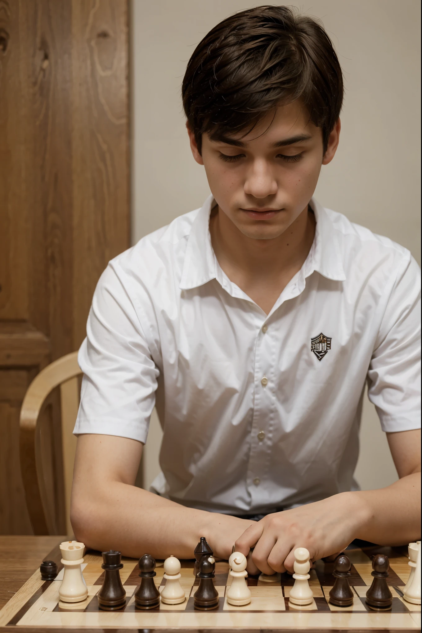 20 year old boy playing chess in a tournament , wearing white shirt