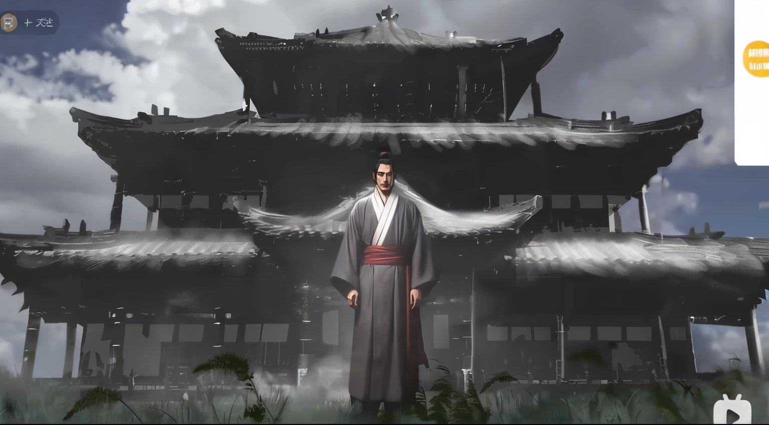 Image of Arafad of a man in kimono standing in front of a building, inspired by Guan Daosheng, inspired by Wu Daozi, inspired by Zhao Mengfu, heise jinyao, Inspired by Cao Zhibai, Inspired by Zhang Sengyao, Taoist priest, Taoist priest, Full body martial arts, Inspired by Dong Yuan