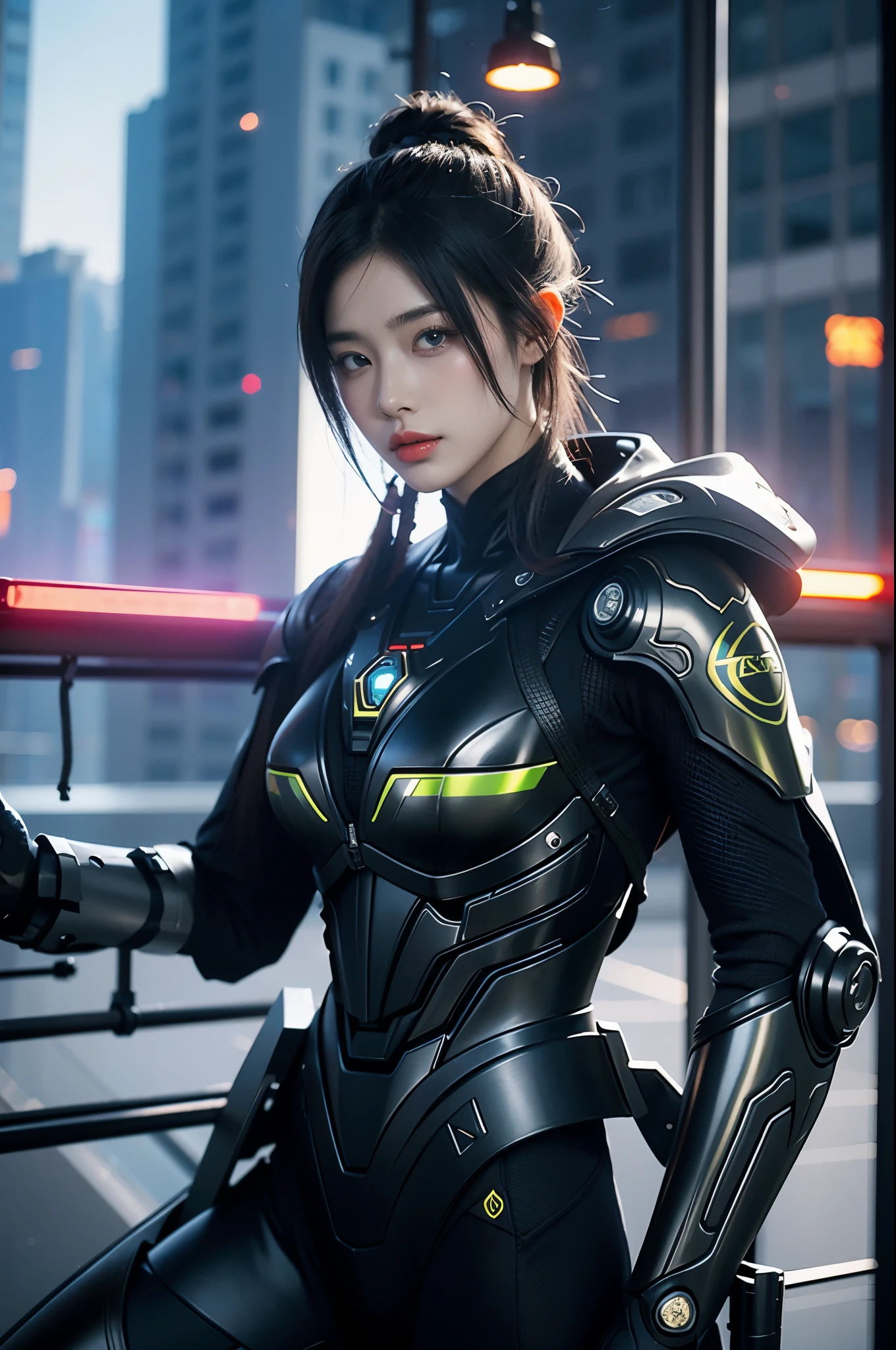 game art,best picture quality,Highest resolution,8k,((A half-length photo)),((portrait)),(rule of thirds),Unreal Engine 5 rendering works, (Future girl),(female warrior), 22-year-old young hacker),(ancient oriental hairstyle),(Beautiful eyes full of details),(big breasts),(eye shadow),Elegant and charming,indifferent,((frown)),(Combat suit full of futuristic technology,The costume combines futuristic power armor and,Clothing is decorated with glittering patterns and emblems),cyberpunk characters,in the style of futuristic, photo poses,city background,lamp,Ray tracing,Game CG,((3D Unreal Engine)),OC rendering reflection pattern