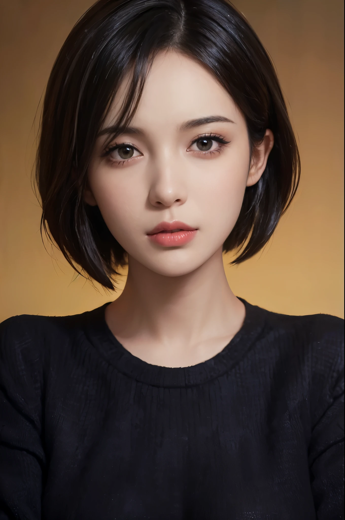 (masterpiece:1.3), (8k, lifelike, original photo, best quality: 1.4), (1 girl), pretty face, (lifelike的脸), (black hair, short hair:1.3), beautiful hairstyle, lifelike的眼睛, Beautiful and delicate eyes, (lifelike的皮肤), Beautiful skin, (sweater), Ridiculous, attractive, ultra high resolution, Surreal, Very detailed, golden ratio, Head straight，All heads exposed