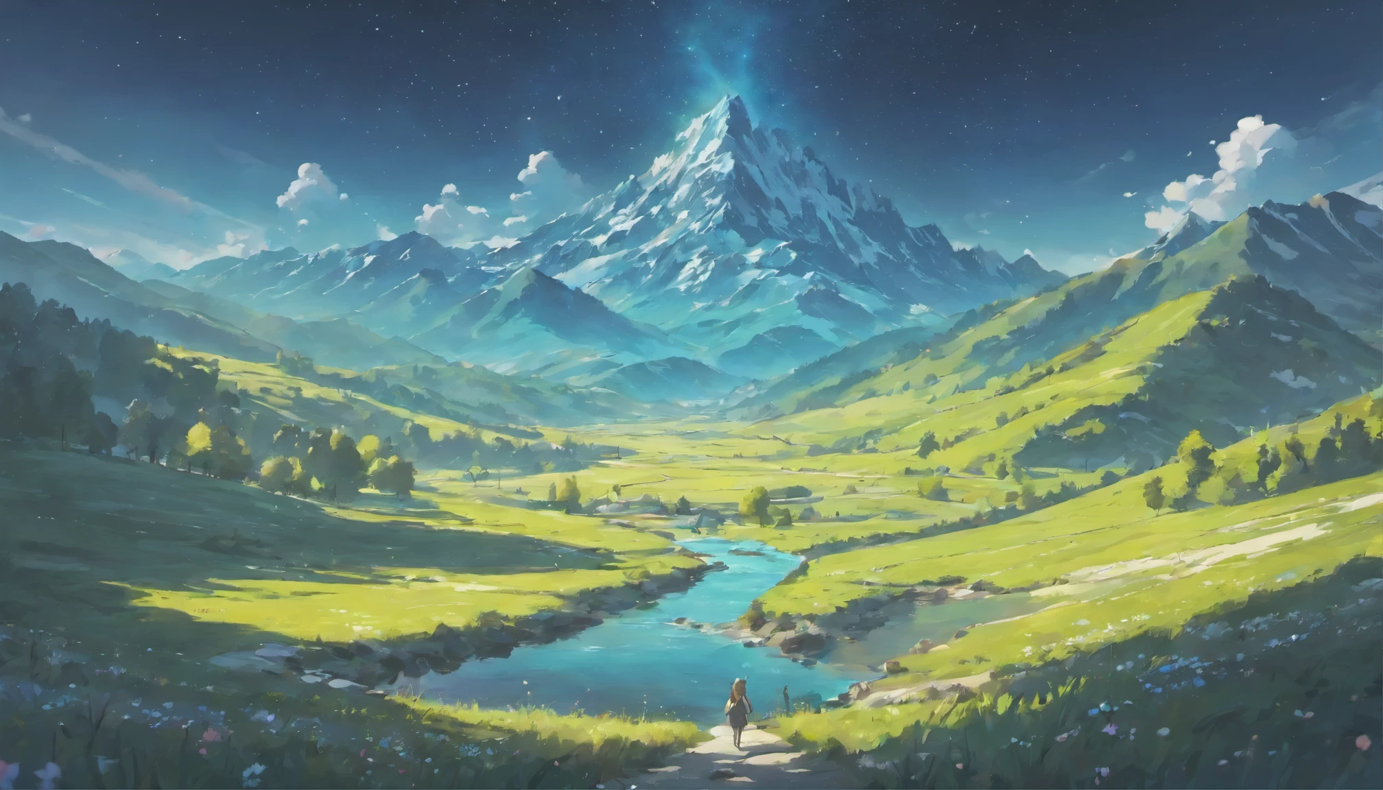 mountain, small village, stream, snow, spring, sky night, star, milky ways, Multicolored flowers, high contrast, pastel colour, minimal style