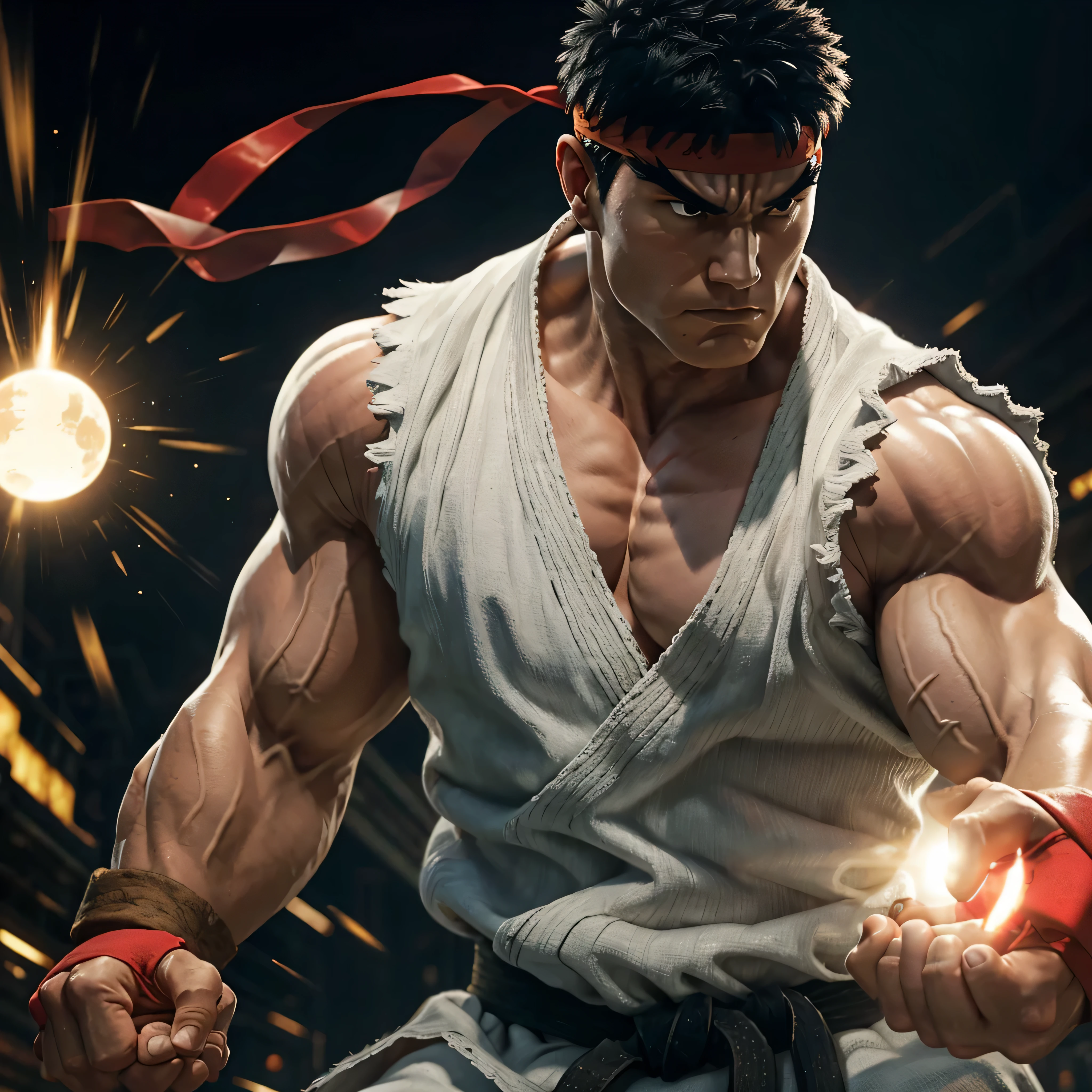 Film Noir Still of Ryu from Street Fighter 2: The World Warrior, clad in his iconic sleeveless white karate Gi and red headband, one arm extended forward with a glowing orb of energy hovers in his palm, radiating intense brilliance against the dimly lit backdrop. His other arm is tensed, pulled back as if readying the most potent of martial arts attacks. The crowd of onlookers, a mix of awe-stricken bystanders and fearful adversaries, huddle in the recesses of the dimly lit alleyway, their expressions etched in stark contrast to the rich color palette of Ryu's enig