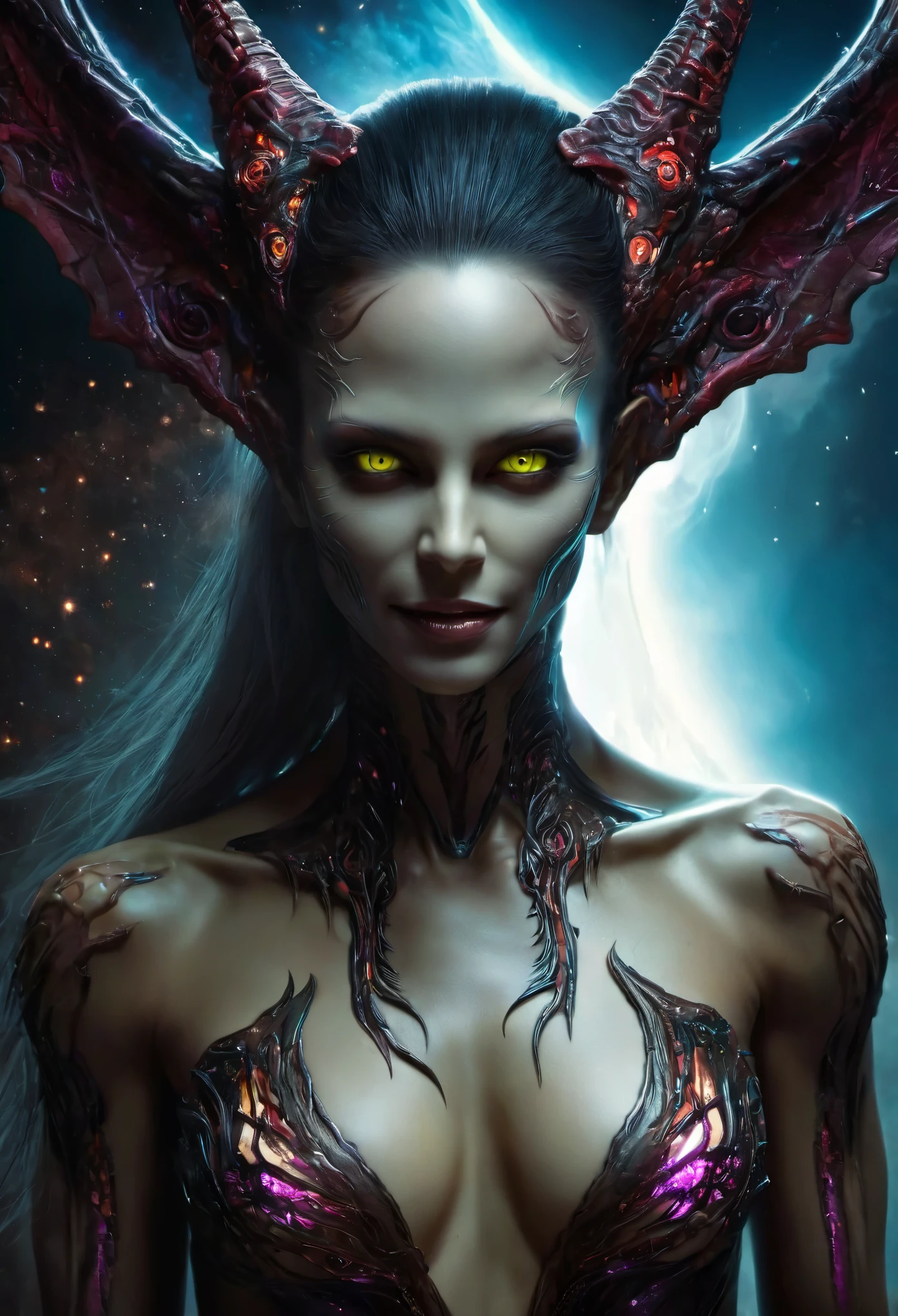 (High resolution,realistic,sharp focus),Humanoid alien creature with a vertically split face forming a mouth shape,beautiful predatory creature There is similar to a woman,Alien/monster hybrid,scary hunter,[cosmic,extraterrestrial] There is,organic matter,otherworldly predator,beyond life,length,flowing hair,earrings,shineing eyes,intense sight,[elegant,graceful],enchanting facial features,[sharp,pointed,elengthated] teeth,[toxic,toxic] tooth,intense,enchanting smile,Smooth yet muscular body,[curve,shape] There is similar to a woman,[graceful,Towering] before,Alien skin texture resembling iridescent scales,[ethereal,luminescent] shine,[Evil,Unlucky] aura,Slurping,bipedal walking,[tranquility,predatory] enchanting footsteps,hypnotic] dance,[spooky,Unforgettable] grace,contrasting colors,[darkness,Shadow] hug a living thing,dystopian background scenery,[cosmic,Milky Way] background,Unlucky celestial bodies,pulsating clouds,[extraterrestrial,surreal] vegetation,rays of ethereal light [filtering,caress] scene,dramatic chiaroscuro lighting,penetrating the darkness,Create an intimate yet frightening atmosphere. (beautiful nipples:1.4)