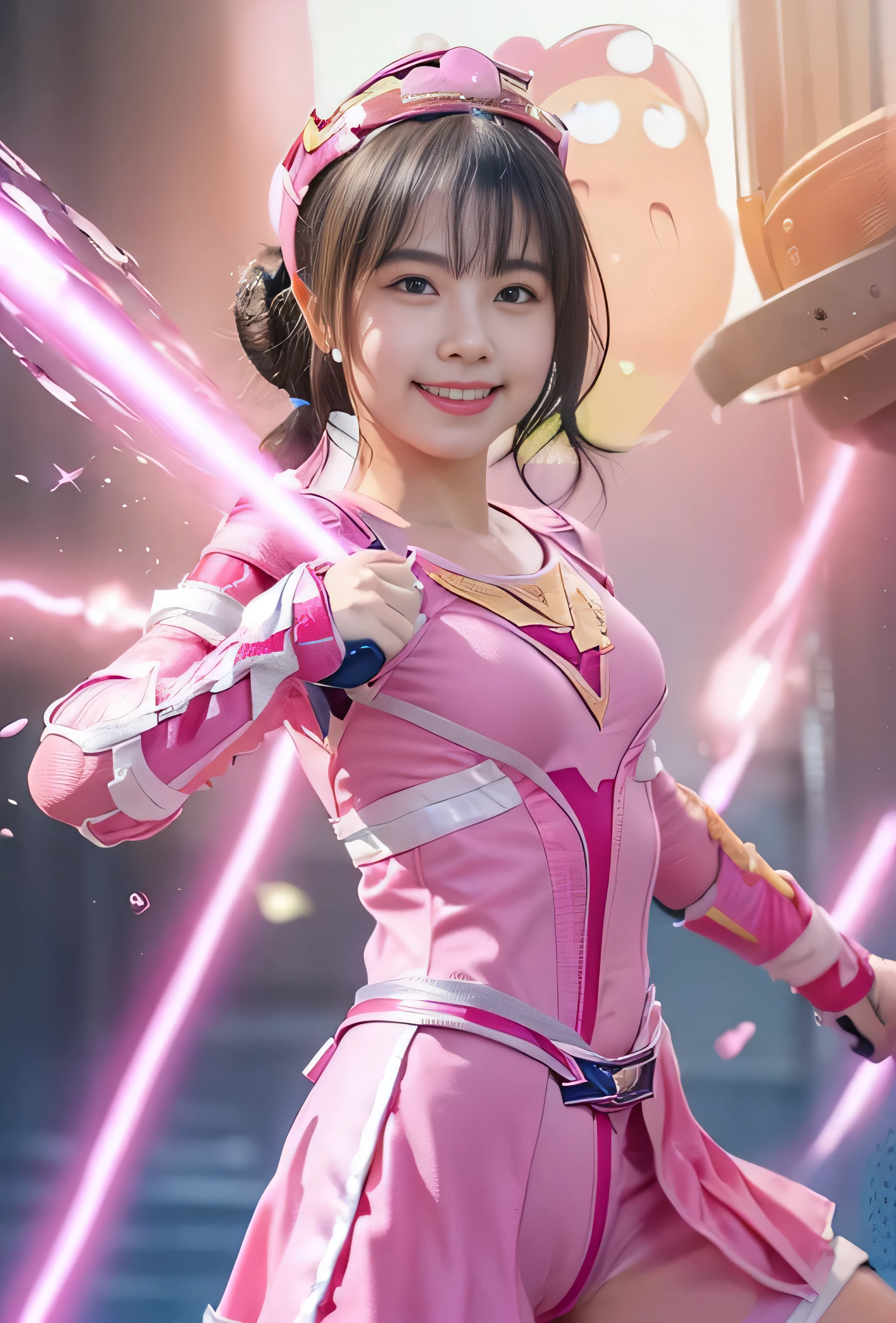 close, masterpiece, highest quality, complete anatomy、RAW photo, Photoreal、(cute little face:1.6)、(very cute smile:1.7)、(With a round face:1.8),(black haired:1.4)、(pink ranger:1.7), written boundary depth, High resolution, Super detailed, finely, very detailed, very detailed目と顔, realistic person,(realistic background:1.9), (make a fist accurately:1.4), sharp focus, cinematic lighting、18 year old female、、(one woman、alone、Report、no background:1.7)、 (shortcut:1.4)、very detailed8K壁紙、Please show me your whole body、looking at camera、angle from below、(太もものclose:1.6)、(nice figure、Clothing that emphasizes the bulge in your chest、big breasts thin waist)、背景のwritten boundary depth