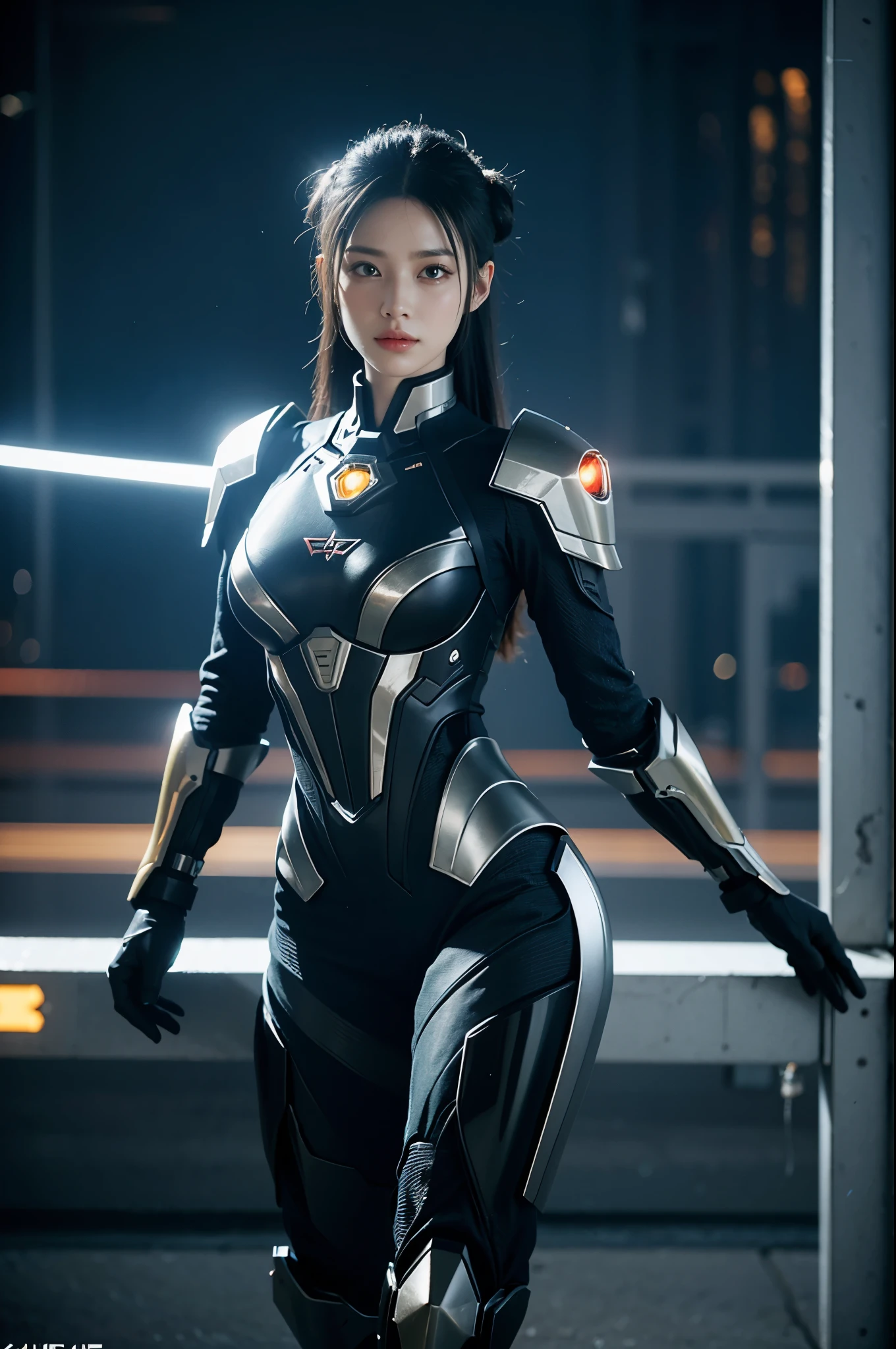 game art，best picture quality，Highest resolution，8k，((A half-length photo))，((portrait))，(rule of thirds)，Unreal Engine 5 rendering works， (Future girl)，(female warrior)， 22-year-old young hacker)，(ancient oriental hairstyle)，(Beautiful eyes full of details)，(big breasts)，(eye shadow)，Elegant and charming，indifferent，((frown))，(Combat suit full of futuristic technology，The costume combines futuristic power armor and，Clothing is decorated with glittering patterns and emblems)，cyberpunk characters，in the style of futuristic， photo poses，city background，lamp，Ray tracing，Game CG，((3D Unreal Engine))，OC rendering reflection pattern