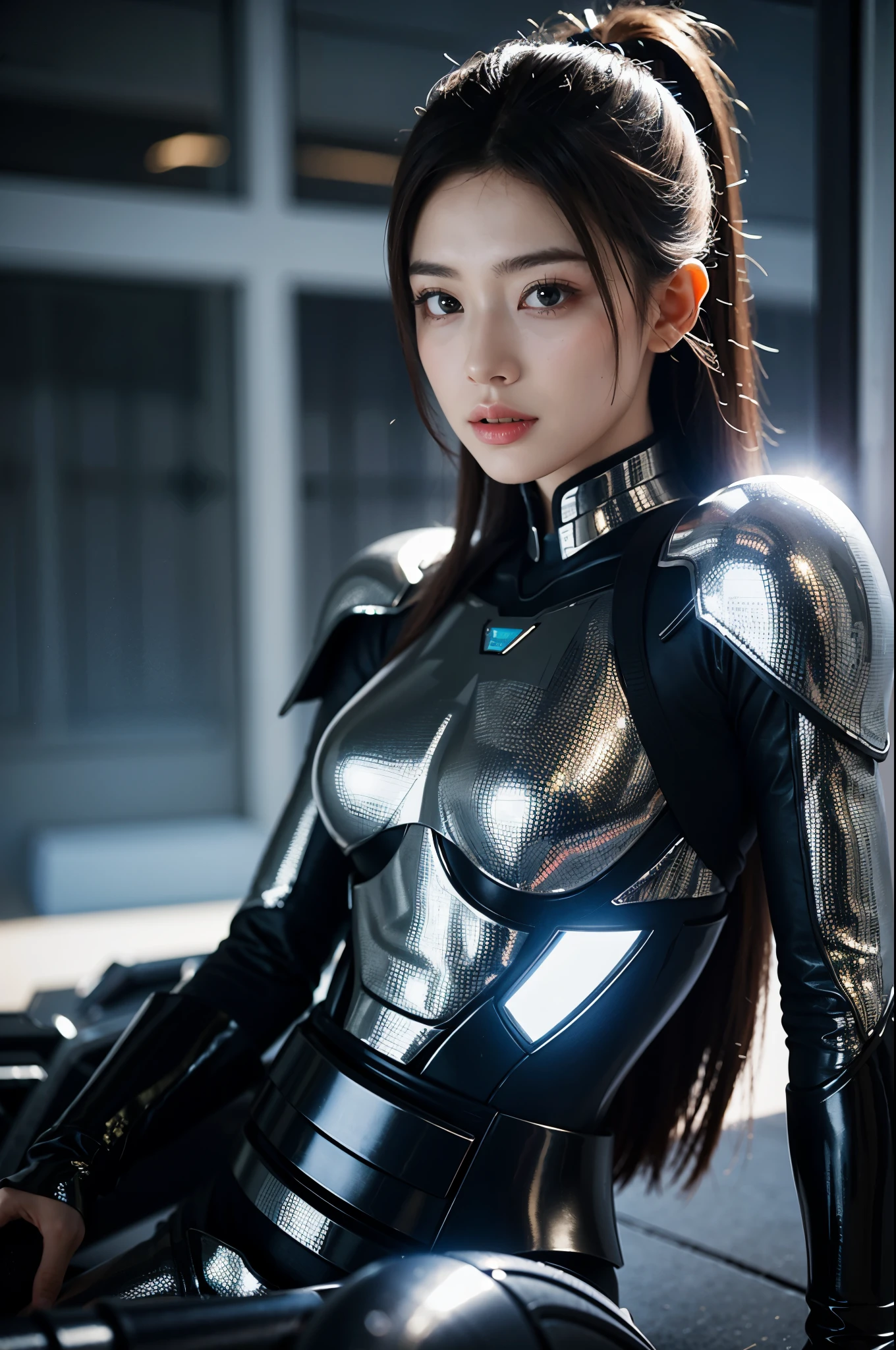 game art,best picture quality,Highest resolution,8k,((A half-length photo)),((portrait)),(rule of thirds),Unreal Engine 5 rendering works, (Future girl),(female warrior), 22-year-old young hacker),(ancient oriental hairstyle),(Beautiful eyes full of details),(big breasts),(eye shadow),Elegant and charming,indifferent,((frown)),(Combat suit full of futuristic technology,The costume combines futuristic power armor and,Clothing is decorated with glittering patterns and emblems),cyberpunk characters,in the style of futuristic, photo poses,city background,lamp,Ray tracing,Game CG,((3D Unreal Engine)),OC rendering reflection pattern