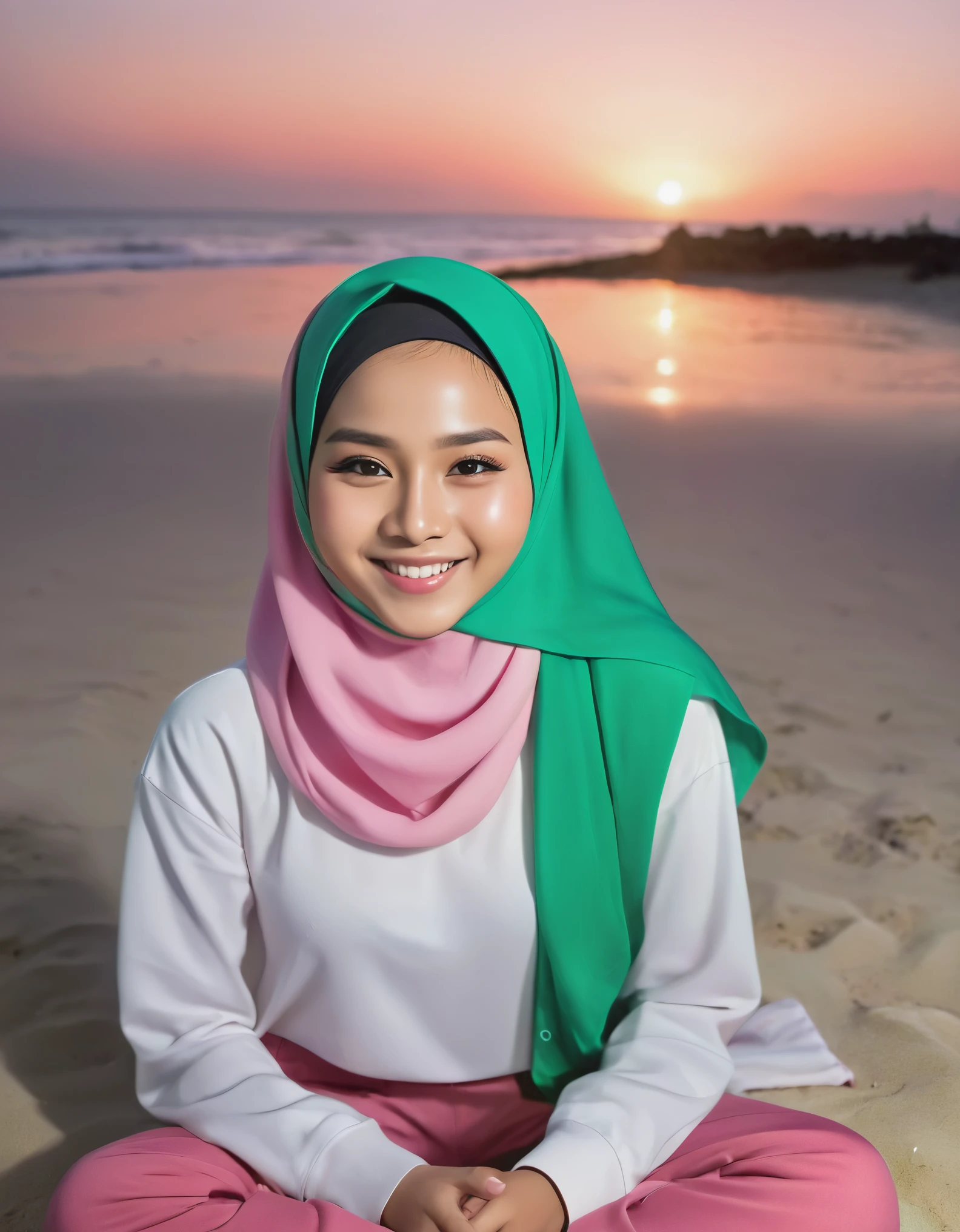 wide angle, top view, Indonesian girl, bright face, dimpled cheeks, sweet smile, wearing a pink hijab, green casual wear, sitting gracefully, full body, dynamic pose, beachside, campfire, night, bright light, no shadows.