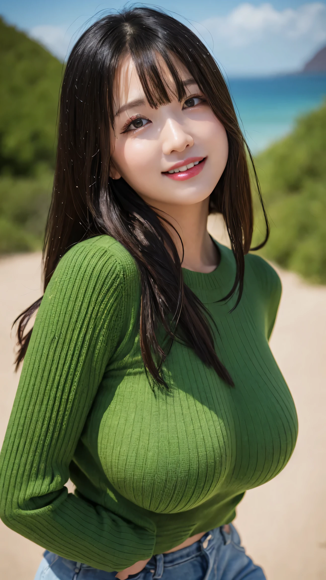 masutepiece, Best Quality, Photorealsitic, finely detail, hight resolution, 8K Wallpapers, Perfect dynamic composition, Beautiful detailed eyes, Medium Hair, large full breasts, Random and sexy poses,Bring your chest together、(Tight Green Knitwear)、(Breast bulge:1.2)、A smile、open open mouth、Resort scenery、25-years old、(Drooping eyes 1.4)、Adult beauty、japanes