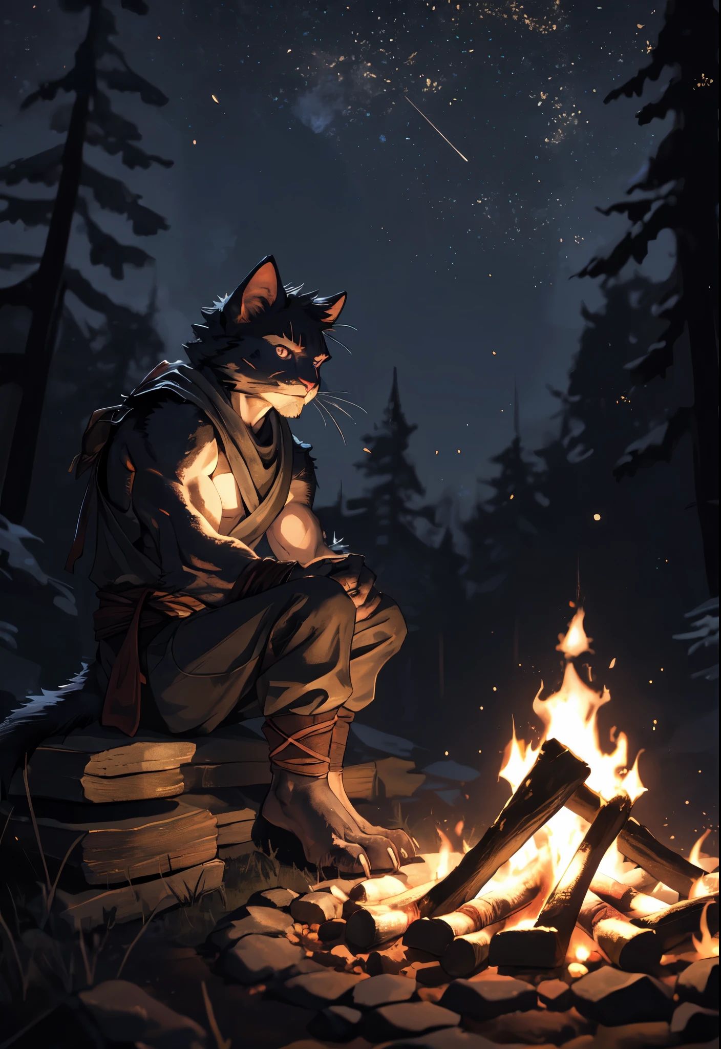 Solo female naked panda furry slave anthro extra fluffy very detailed fur short messy black hair green eyes with slave collar standing on knees with legs spread open looking up wards with a sad facial expression mouth open near a camp fire at night chained to a post