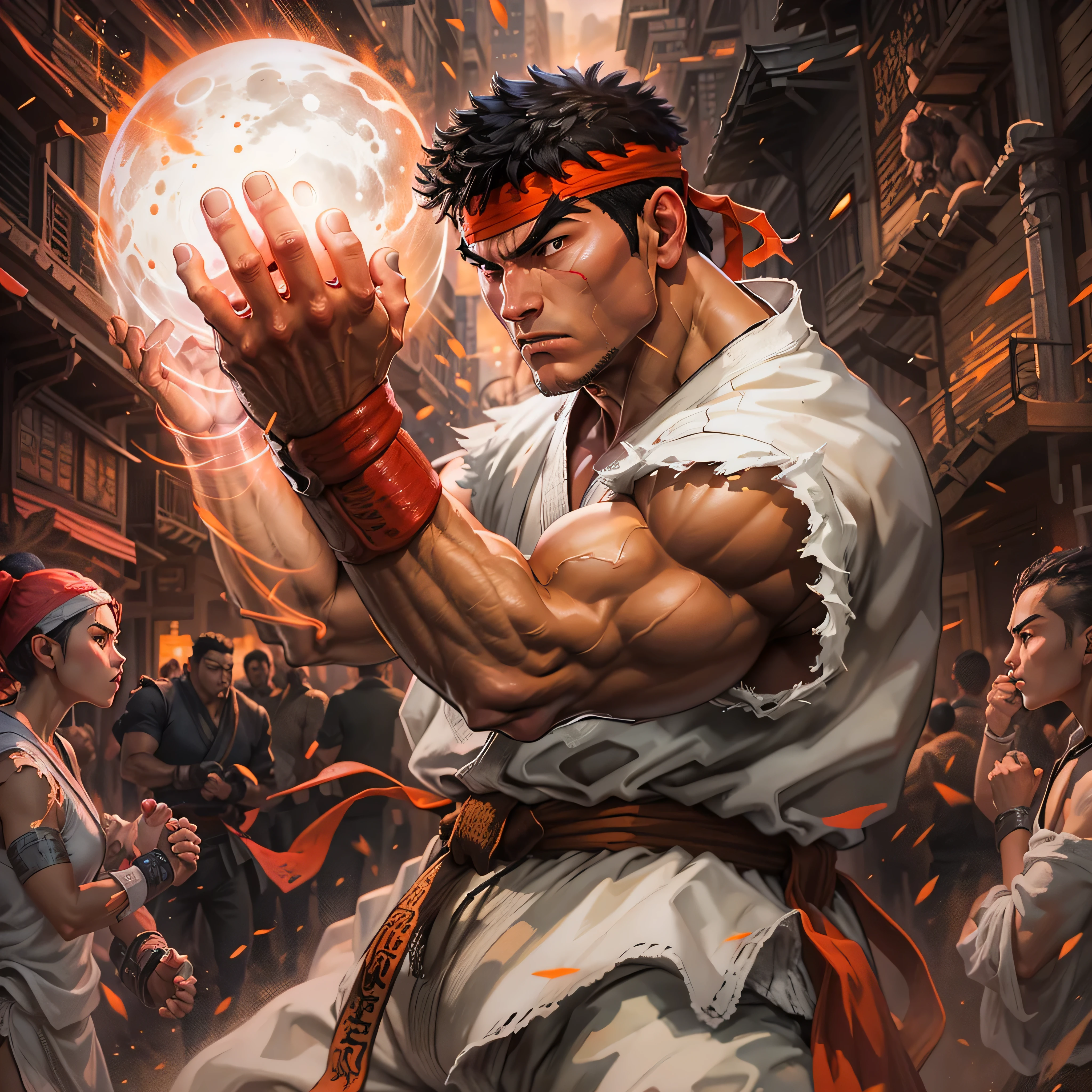 Film Noir Still of Ryu from Street Fighter 2: The World Warrior, clad in his iconic sleeveless white karate Gi and red headband, one arm extended forward with a glowing orb of energy hovers in his palm, radiating intense brilliance against the dimly lit backdrop. His other arm is tensed, pulled back as if readying the most potent of martial arts attacks. The crowd of onlookers, a mix of awe-stricken bystanders and fearful adversaries, huddle in the recesses of the dimly lit alleyway, their expressions etched in stark contrast to the rich color palette of Ryu's enig