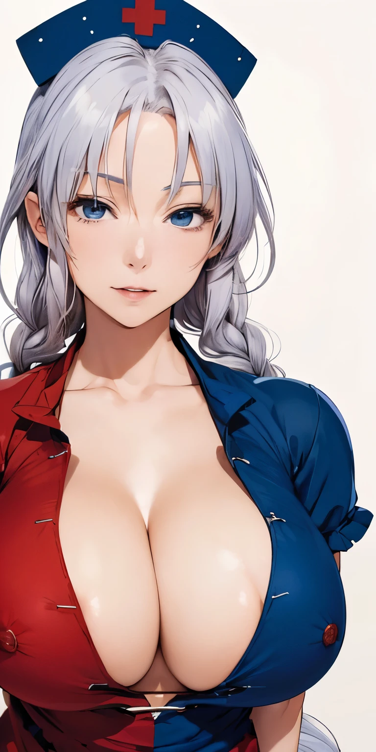 (masterpiece, best quality:1.3), Yagokoro Eirin, Touhou Series, perfect face, expressive eyes, 1woman, looking at viewer, 38 years old, (gorgeous body, big breast:1.3), beautiful, anime, lora,1woman, white skin, silver hair, braid hair, nurse cap, red and blue clothes, 