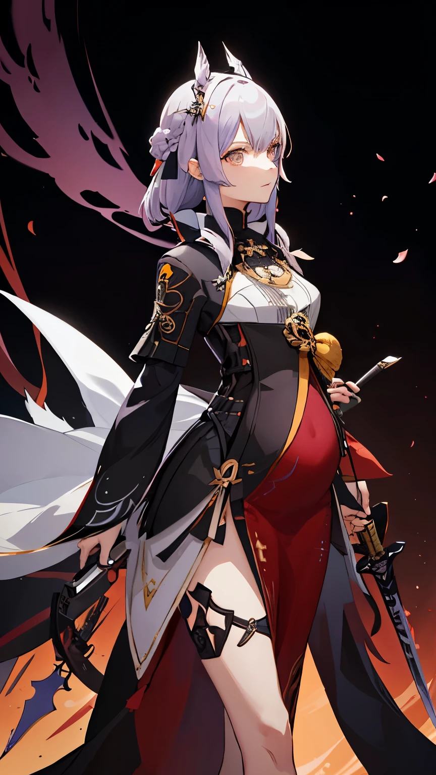 a woman in a dress holding a dagger and a dagger, video game character, from arknights, fox nobushi holding a dagger, hajime yatate, keqing from genshin impact, random haired deity, with small sword, ayaka genshin impact, female action anime girl, official character art, anime character, pregnant anime girl, fetus, random hair color