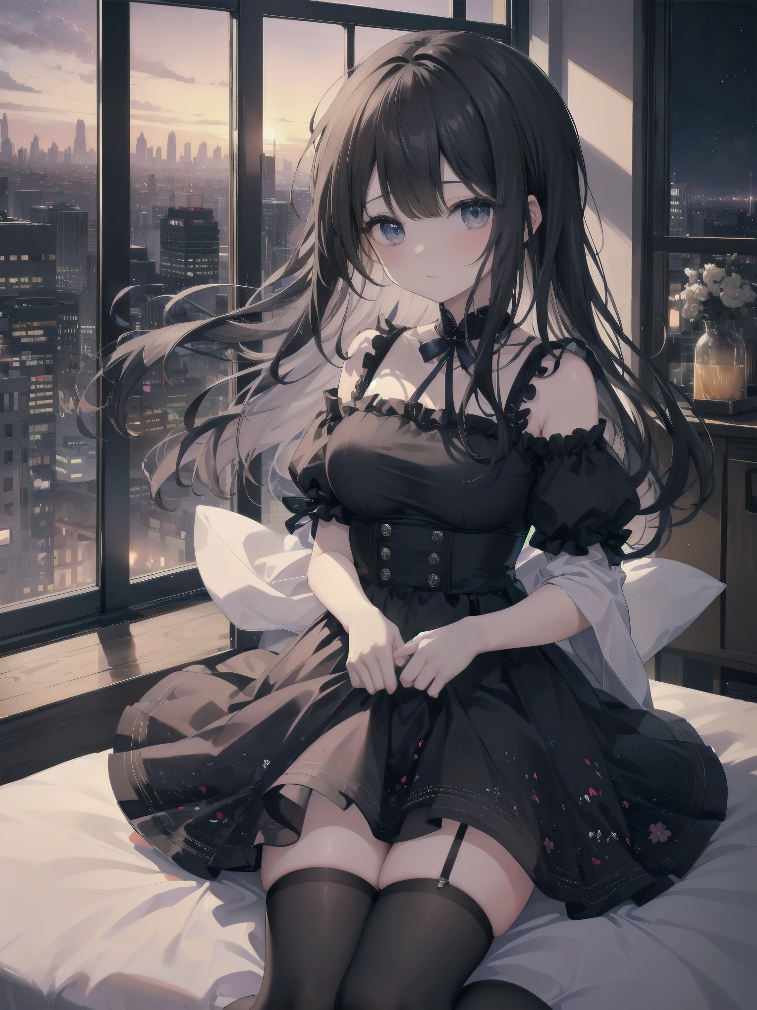 Artistic AI Art Galaxy(masterpiece:1.2, best quality),clear。lift up the skirt、cute girl、The night view of the big city outside the window、artistic shadow、I can't believe it but it's so ridiculously cute