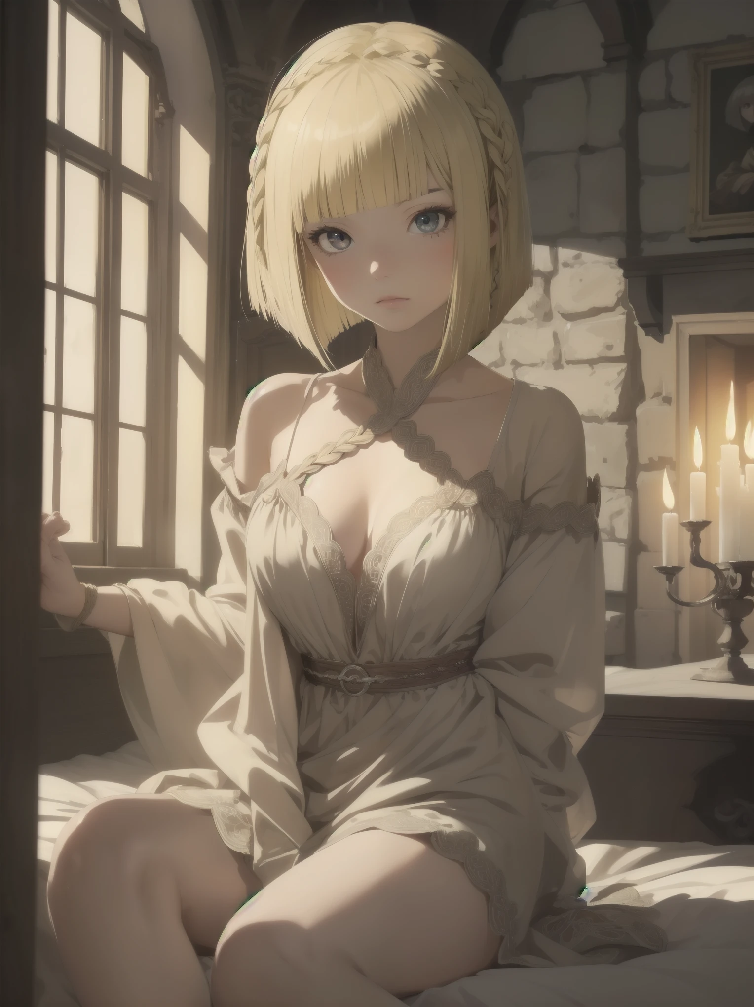 (masterpiece, top quality), (absurd resolution), (8K), (detailed beautiful face and eyes), (detailed illustrations), (super fine illustrations), (vivid colors), (professional lighting), nice hands, perfect hands, BREAK cinematic angle, Dutch angle, (close-up, medieval European, sitting bed: 1.3), BREAK (Dragon Quest style), 1 girl, solo, (blonde one length bob cut braided: 1.6), red eyes, china like skin, shiny hair, (big eyes: 1.2), BREAK expression, neckline ribbon: 1.4), lesaxi-length long sleeve, linen, beige negligee, BREAK (night: 1.3), indoor, ( Stockholm, 1920 Europe), (old western room, canopy bed, furniture, fireplace, candleagnificent view), (cinematic shadows, cinematic lighting), (blurred background),