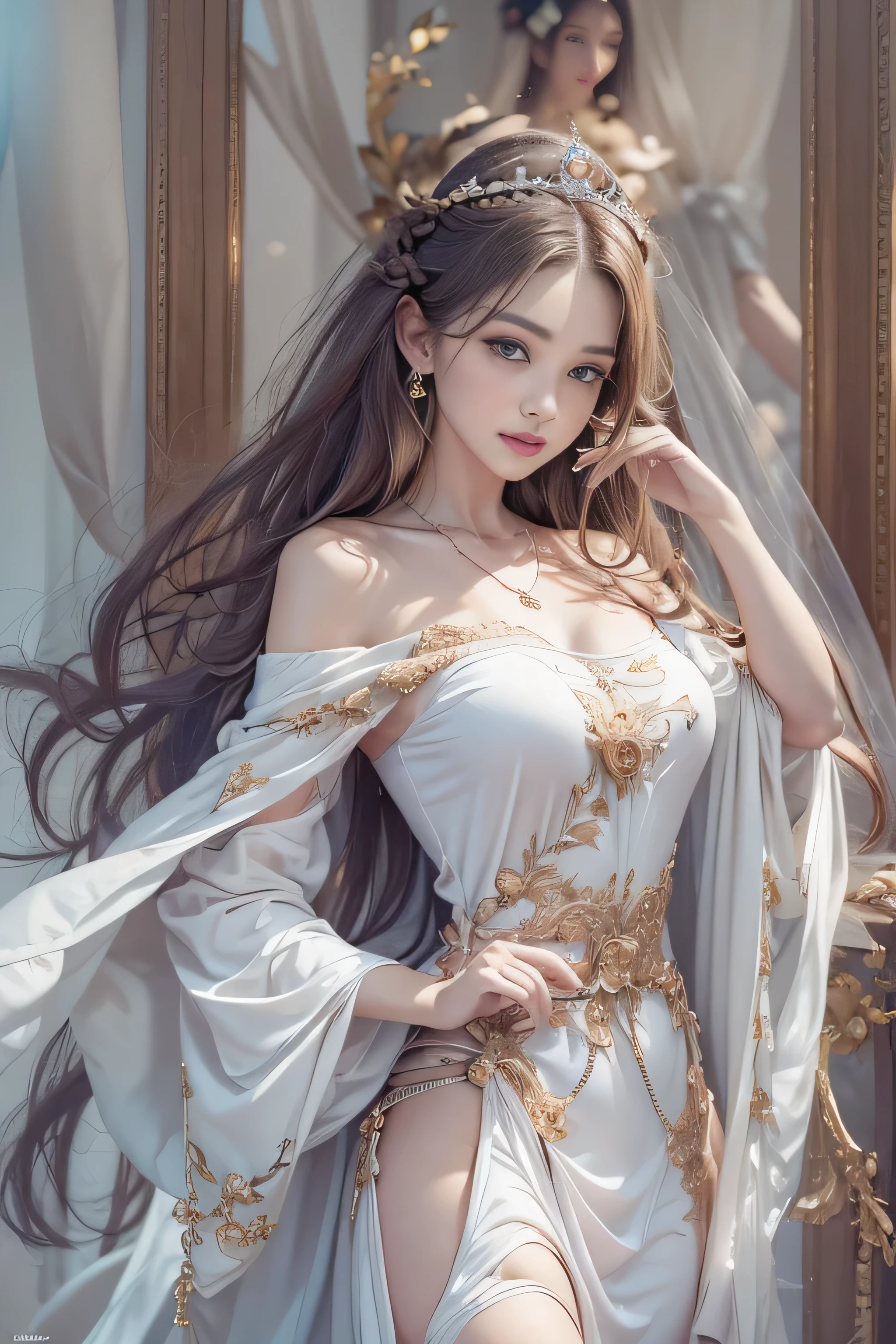 ((masterpiece:1.4)、(highest quality:1.4)、(realistic:1.7))Surreal portrait of a beautiful girl、super beautiful girl、((1 girl:1.4))、Radiant natural skin texture、(The Queen's ornate outfit)、(Off-the-shoulder white one-piece long type:1.4)、(upper arm:1.4、two legs:1.4)、(perfect anatomy:1.4)、(perfect female body:1.4)、girl portrait photography、close up photo、full body shot、fantasy art、soft front light、beautiful expression、cute face、beautiful breasts、big and full breasts:1.2、beautiful butt、detailed eye、obviously eye-catching, beautiful and attractive、beautiful eyes、tight waist、RAW photo、red rift、Arrange long hair in a cool style like a queen、(tiara crown:1.4、チョーカーnecklace:1.4、necklace:1.4、耳Nipple Ring:1.4)、1 screen display、((in front of the castle wall、woman standing in front of a bench)),((Sheer off-the-shoulder white dress))、