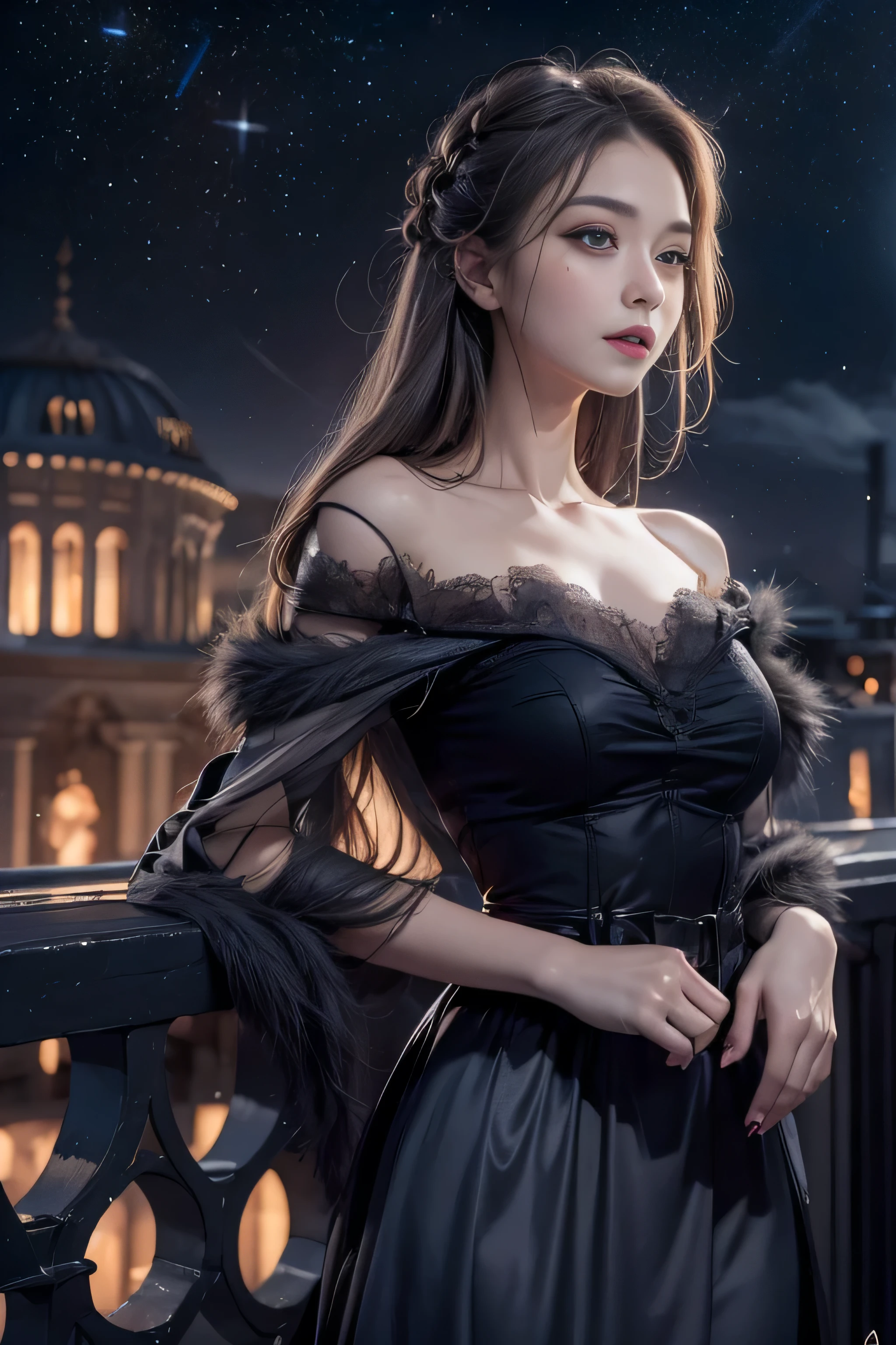 (Woman standing on balcony of palace)girl portrait photography, realistic, High resolution, 1 female, alone, Upper body, beautiful eyes, Close your lips, detailed face, gray hair, long hair, (off shoulder black lace long dress) ,(There is a slit up to the waist.),fur coat, stockings,(night sky full of stars)