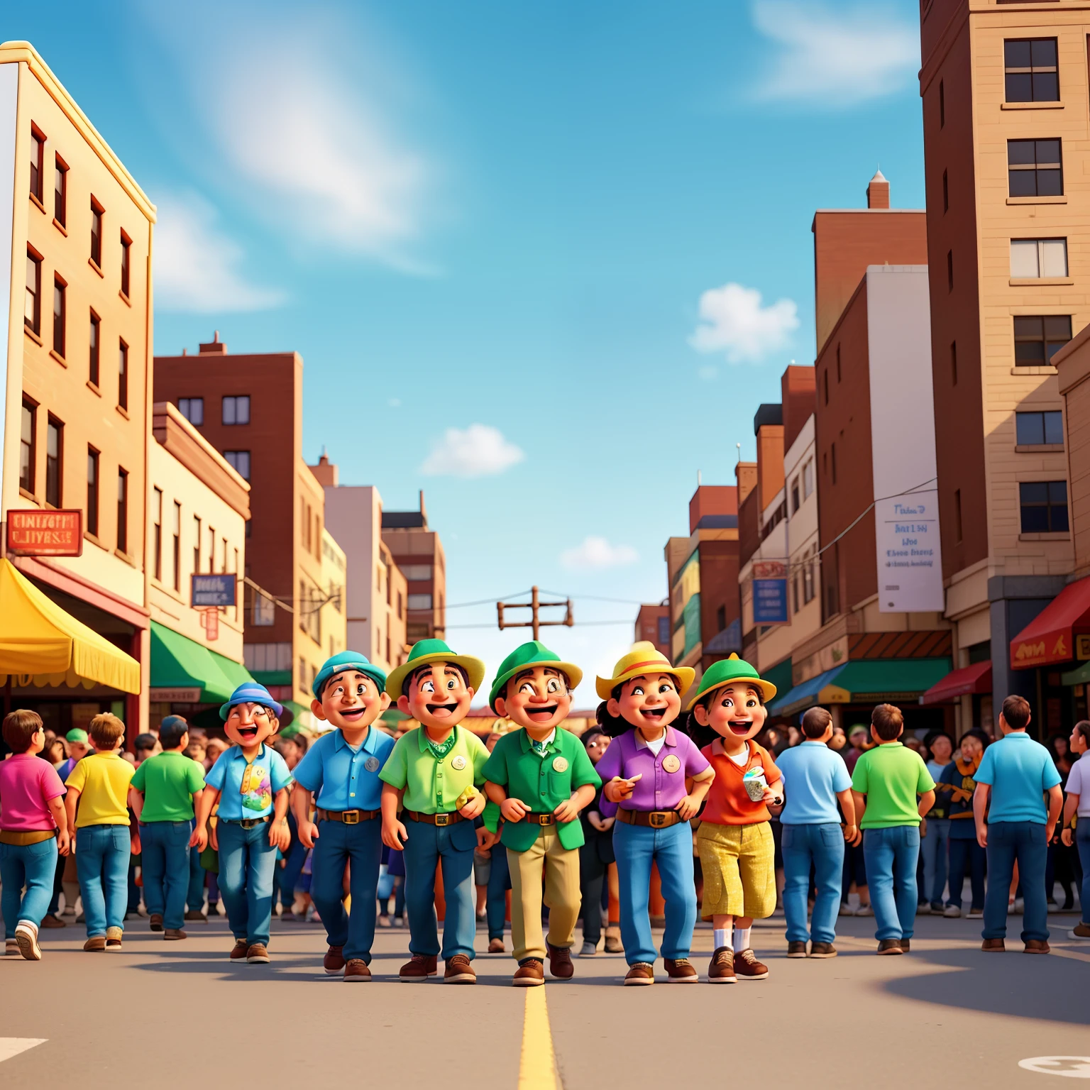 Amidst the bustling street, a vibrant crowd gathers, their collective laughter echoing off the brick buildings. The sun casts a warm golden glow on their faces as they share a hearty chuckle, the sound of their joyful guffaws intermingling with the gentle hum of conversation. People of all ages and backgrounds come together, their differences melting away in the shared experience of merriment. The laughter is contagious, drawing in passersby and even eliciting a smile from the grumpiest of onlookers. The energy is infectious, lifting the spirits of all who are present, creating an atmosphere of camaraderie and unity.