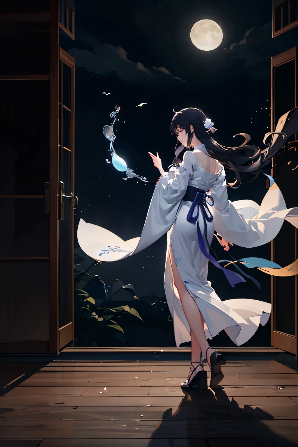 A wandering poet, clad in a flowing robe, stands under the soft moonlight that spills through the window, casting an ethereal glow on the mist-covered ground. With a heart full of longing and nostalgia, the poet gazes at the moon, their hopes and dreams swirling in the depths of their soul. Their eyes, a mesmerizing shade of purple, reflect the moon's radiance as their thoughts wander through the poetic verses that dance within their mind. In this scene of tranquility and mystique, the poet becomes the protagonist of their own story, capturing the essence of the moonlit night with their words. The art style, reminiscent of a traditional Japanese painting, captures every intricate detail with a masterful touch. The high-resolution rendering brings