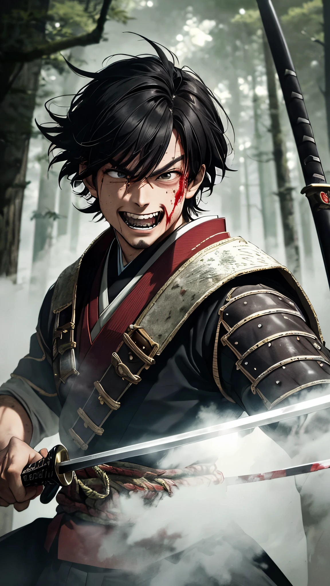 (masterpiece, best_quality, ultra-detailed, immaculate:1.3), portrait, upper body, detailed face, detailed hands, (1man), (solo:1.35), epic, Japanese hunter, ((medieval Japanese noble warrior outfit)), (damaged eye, bloody face, action pose), holding sword, fighting, weapon stance, angry face expression, ((grin, teeth)), short messy hair, dark night forest background, misty, foggy, dark ambience