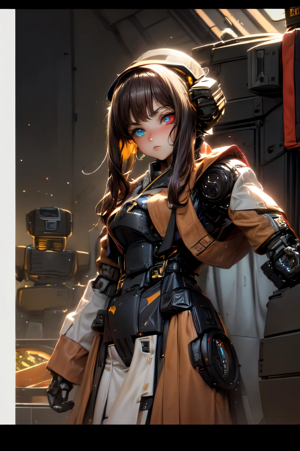 (chef-d&#39;artwork:1.4), (Ouvrages d&#39;art:1.2), (couleurs douces et simples:1.2), (mechanical arms:1.1), (heterochromia+multicolore:1.33), (1fille:1:1), (longs cheveux blancs avec une frange), (portrait:1:1), (meilleur disinger), (porter un robot+robes technologiques:1:2), (extremely drawn eyes:1.3), (iris bien fait+peint+la perfection:0.8)0.7], (fond d&#39;screen&#39;extremely detailed 8k CG unit0.6), (scenario&#39;atelier d&#39;usinage:1:1)