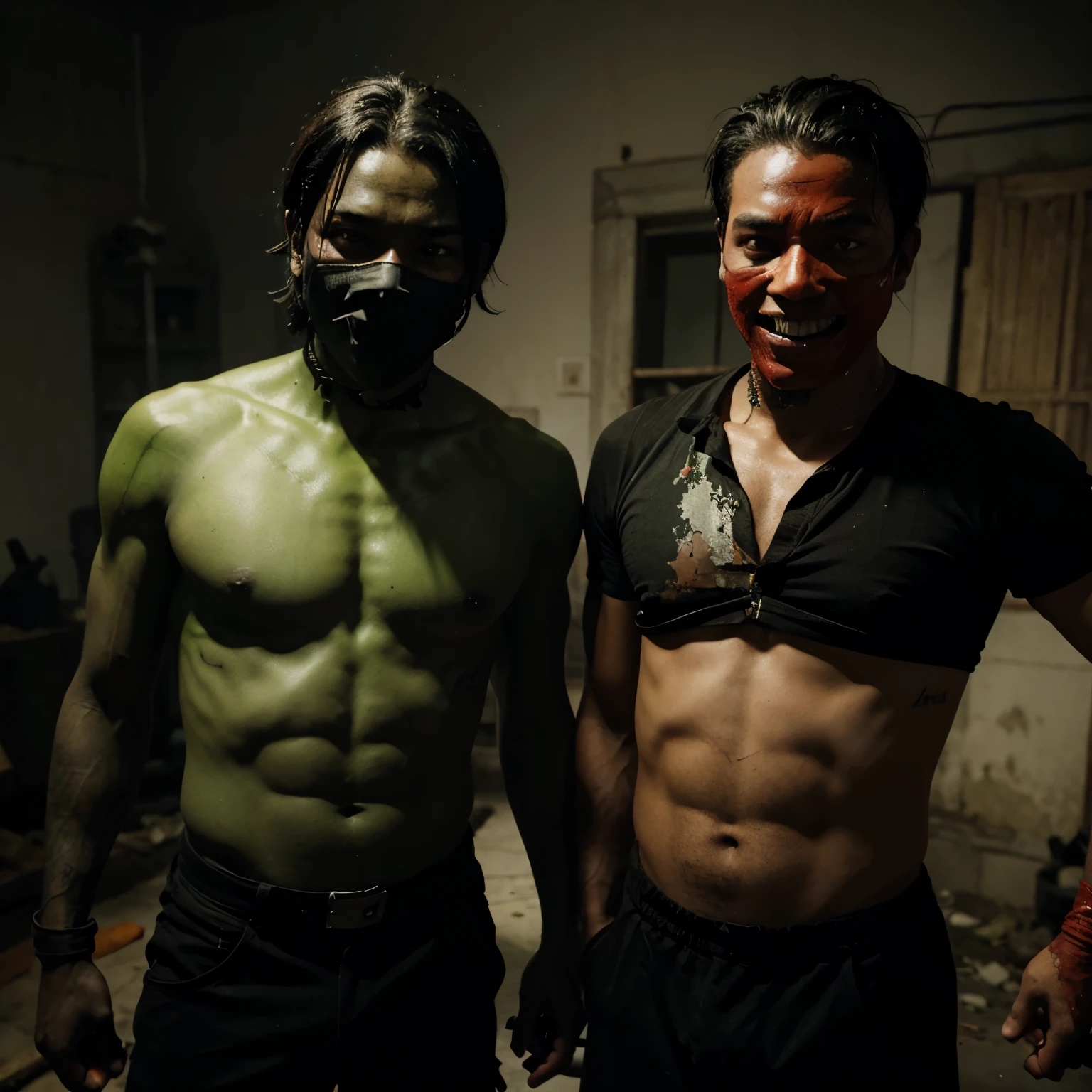 Two guys from a game, one with green skin on fire and the other with black skin, a machete with a red thread and a mask that covers his face with a black smile and dark eyes