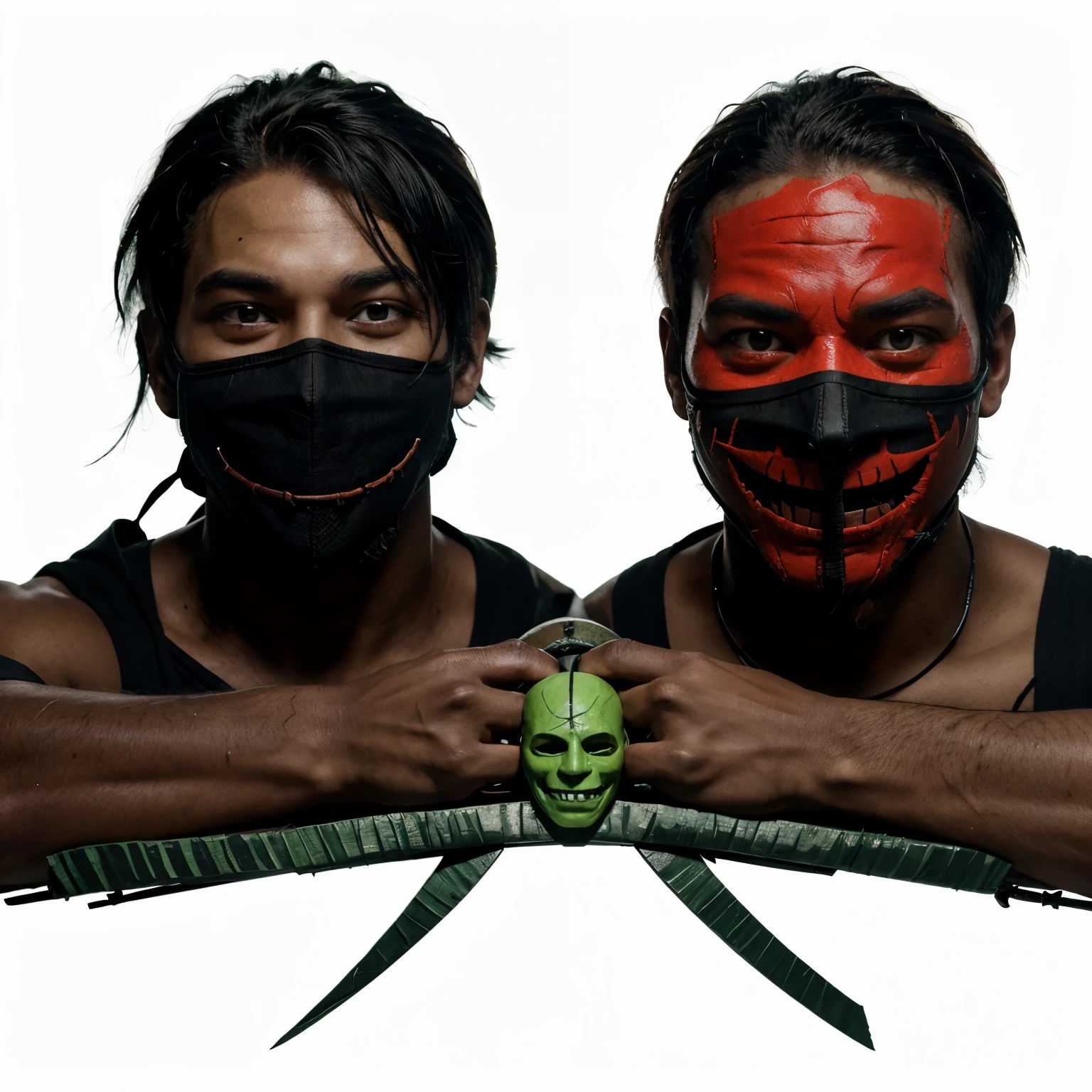 Two guys from a game, one with green skin on fire and the other with black skin, a machete with a red thread and a mask that covers his face with a black smile and dark eyes