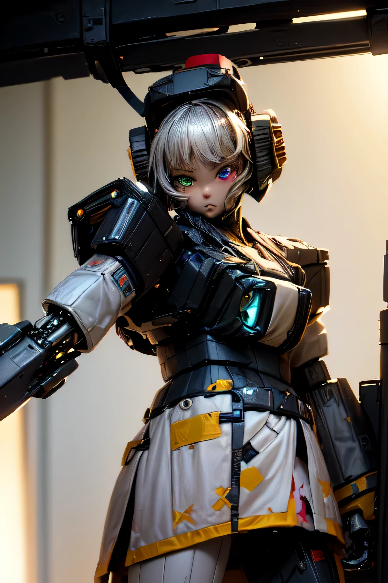 (chef-d&#39;Artwork:1.4), (ouvrages d&#39;Art:1.2), (Couleurs douces et simples:1.2), (mechanical arms:1.1), (heterochromia+multicolore:1.33), (1fille:1:1), (longs cheveux blancs avec une frange), (portrait:1:1), (Meilleur Disinger), (porter un robot+Robes technologiques:1:2), (extremely drawn eyes:1.3), (Iris bien fait+Peint+la perfection:0.8)0.7], (fond d&#39;screen&#39;extremely detailed 8k CG unit0.6), (scenario&#39;atelier d&#39;usinage:1:1)