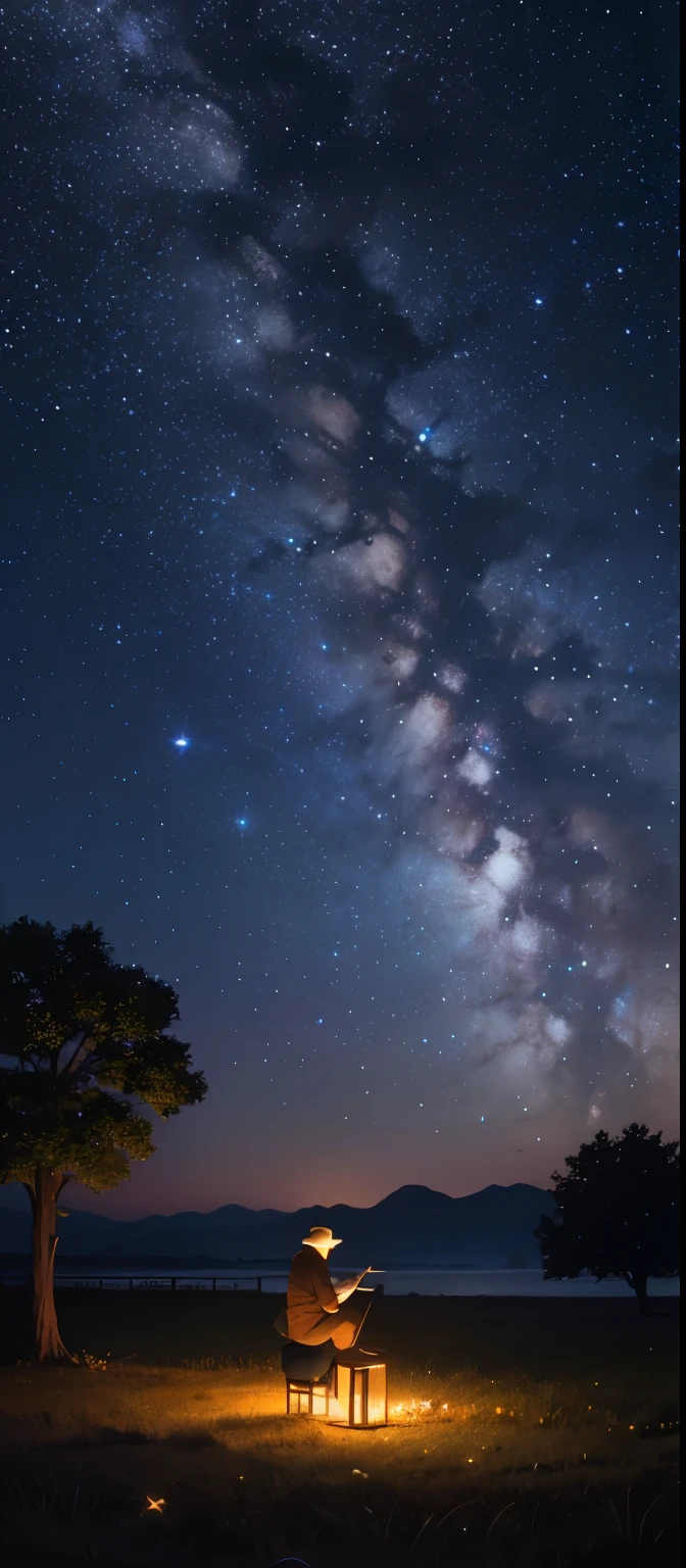 octanos, Sky, star (Sky), scenario, starry Sky, noite, 1 cowboy, noite Sky, Sozinho, ao ar livre, arvores, nuvem, Milky Way, sentado, tree, roupas pretas, campo, silhueta, natureza 