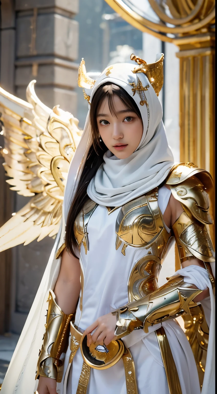 (1 Japan cutes teen with idol style), ((Top  Quality, 8k, ​masterpiece: 1.3)), focusing: 1.2, Perfect body care: 1.4 , (Hijab), ((Highly detailed face and skin texture)), Fair eyes, Double eyelidd, arafed woman dressed in white and gold holding a sword, angelic golden armor, ornate cosplay, as a mystical valkyrie, angel in full iron gold armor, angel knight girl, intricate white and gold armor, full gold wings, ornate white and gold armour, professional cosplay, fantasy paladin woman, white and gold priestess robes, golden goddess athena, golden wings, mystical valkyrie、perfect proportions、perfect anatomy、perfect composition、beautiful detailed shading、beautiful natural lighting、beautiful detail glow、Depth of bounds written、(((High chroma)))、(((real:1.9)))、((vivid:1.4))、((beautiful skin))、((skin texture))、((Real skin feel))、(((cowboy shot:1.5)))、((Angle seen from the front:1.5)), Front angle shot,