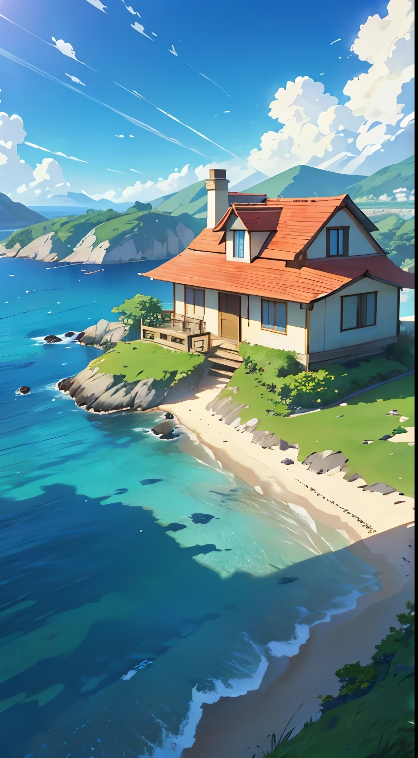 Beautiful landscape of high ground island beside the sea, green vegetations, blue sky, blue sea, sunny afternoon, little house on the land, bebautiful view, anime style,makoto shinkai's anime artstyle, 4K, ultra details