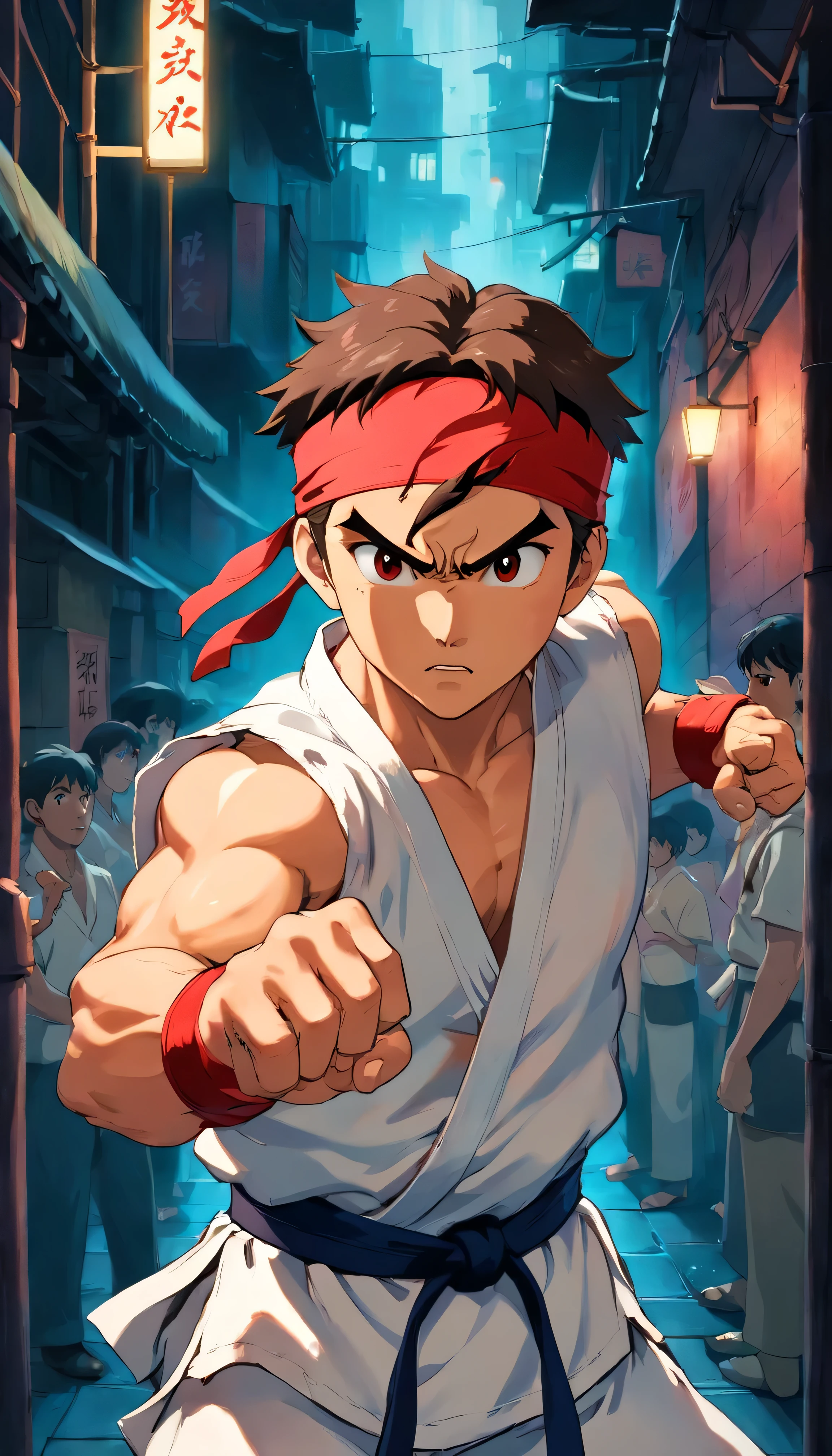 Film Noir Still of Ryu from Street Fighter 2: The World Warrior, clad in his iconic sleeveless white karate Gi and red headband, one arm extended forward with a glowing orb of energy hovers in his palm, radiating intense brilliance against the dimly lit backdrop. His other arm is tensed, pulled back as if readying the most potent of martial arts attacks. The crowd of onlookers, a mix of awe-stricken bystanders and fearful adversaries, huddle in the recesses of the dimly lit alleyway, their expressions etched in stark contrast to the rich color palette of Ryu's enig
