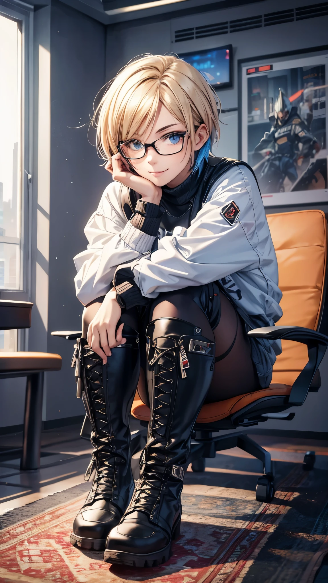 (best quality,4k,8k,highres,masterpiece:1.2),ultra-detailed,(realistic,photorealistic,photo-realistic:1.37),HDR,UHD,studio lighting,ultra-fine painting,sharp focus,physically-based rendering,extreme detail description,professional,vivid colors,bokeh, portraits

Inside the room, gaming room, gaming pc, one 18-aged girl, blonde short hair colored mixed blue hair, sitting on the chair, hugging her legs,wearing glasses,grin, smile,natural-make-up,cyberpunk fashion, hoodle, shorts, ((race-up-long-boots)),vivid colors, studio lighting, ultra-detailed portraits.