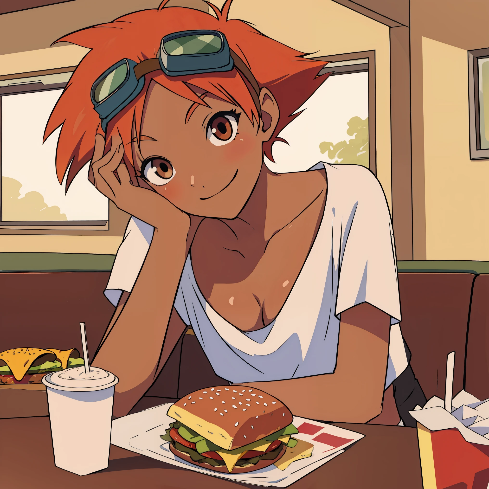 Edward,midriff,orange hair,white shirt,off shoulder,collarbone,tan skin, black bike shorts, (()goggles on forehead))), brown eyes, sitting in fast food restaurant table, burger on table, smiling, looking at viewer, POV, cleavage (insanely detailed, beautiful detailed face, masterpiece, best quality),