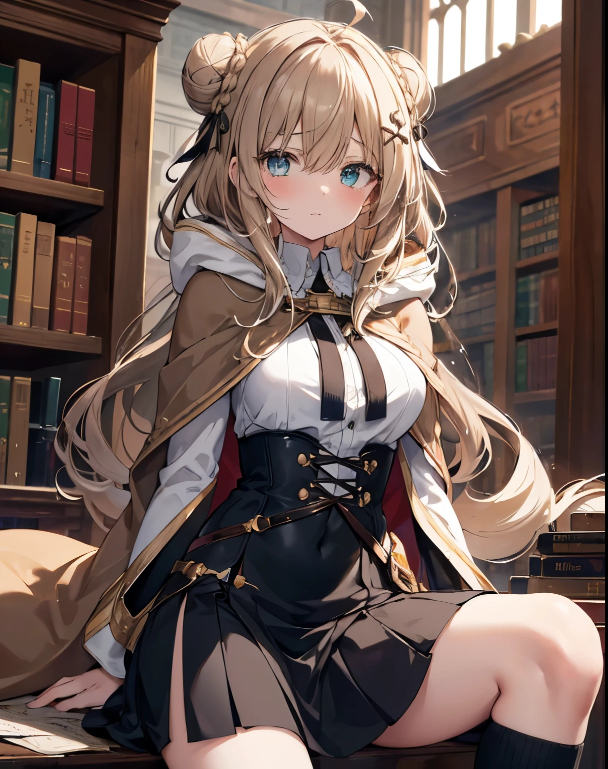masterpiece,1girl, sparrow, a light brown haired girl, wearing a priestess uniform, curly long hair, messy hair, black skirt, slim body, wearing golden capelet with white hoody, medium breasts, she close her left eye, shirt ornament, lolippai, sad expression, beautiful breasts, rounded breasts, aqua eyes, dress, miniskirt, sit at medieval library, ahoge, she wearing her hoody, craven faces, tears, hair bun